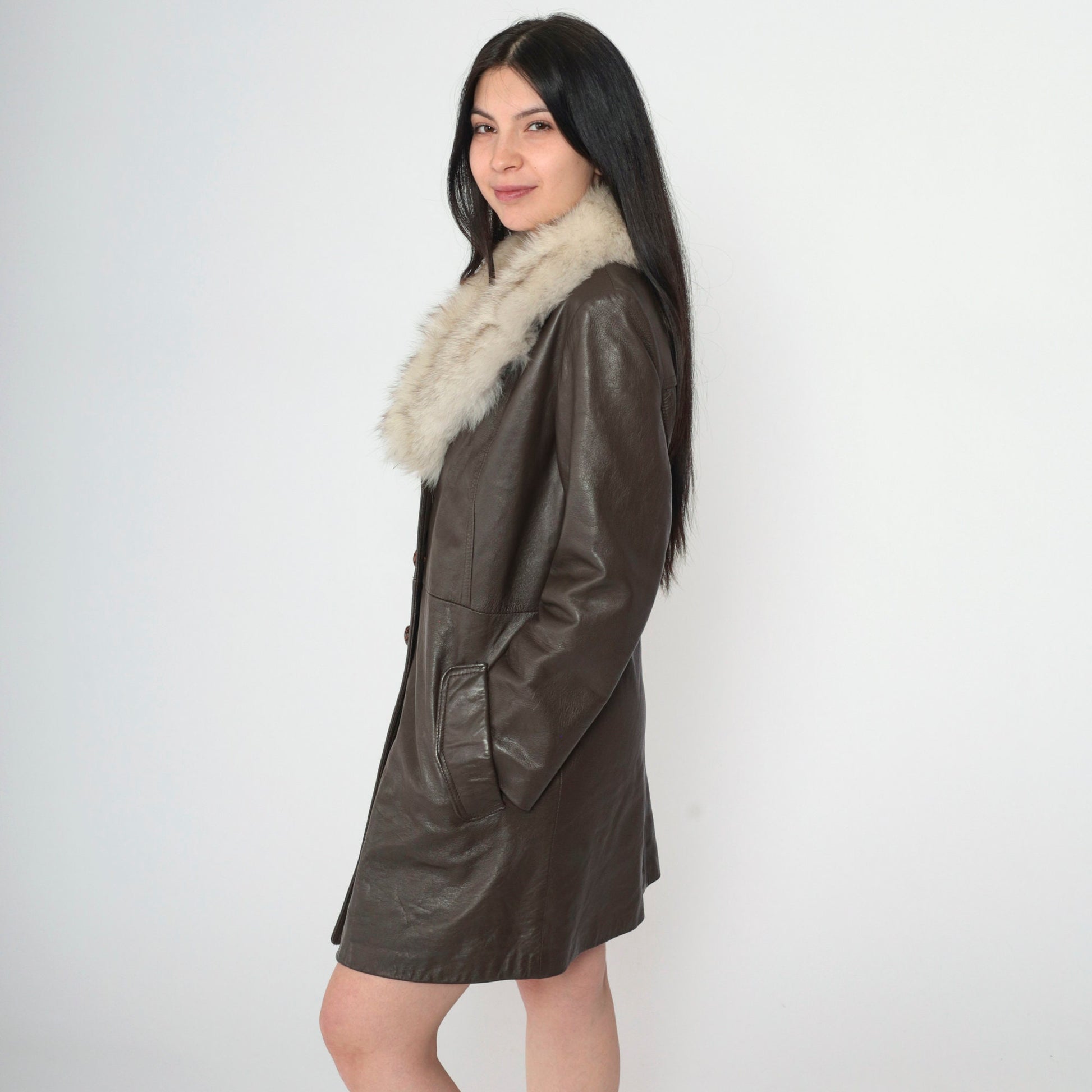 70s Brown Leather Jacket Fur Collar Button-Up Tailored Small S