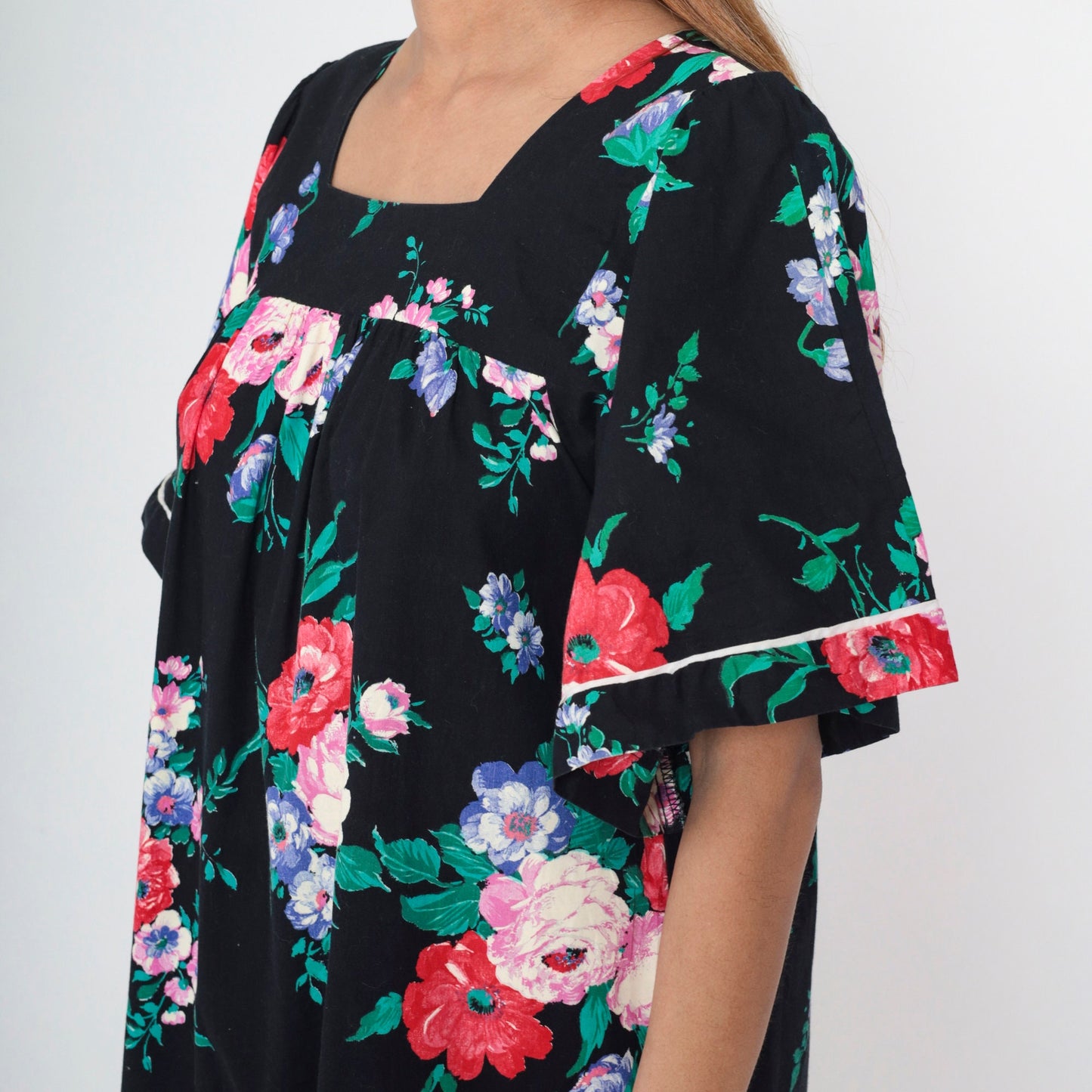 90s Black Floral Midi Dress Puff Sleeve Tent Cut Square Neckline Medium