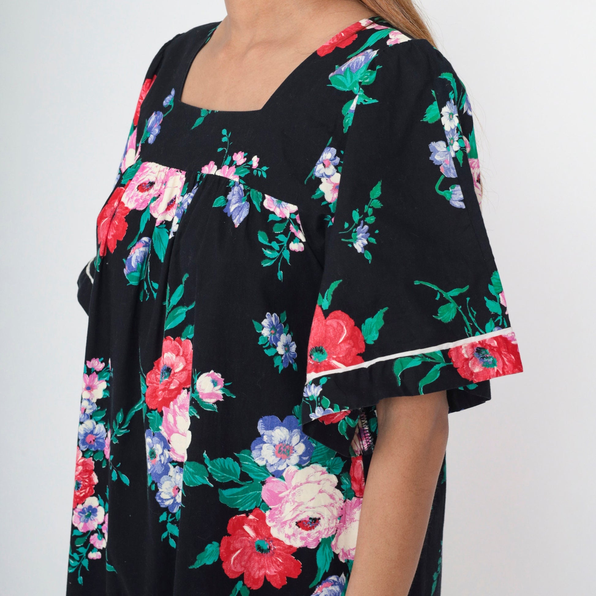 90s Black Floral Midi Dress Puff Sleeve Tent Cut Square Neckline Medium
