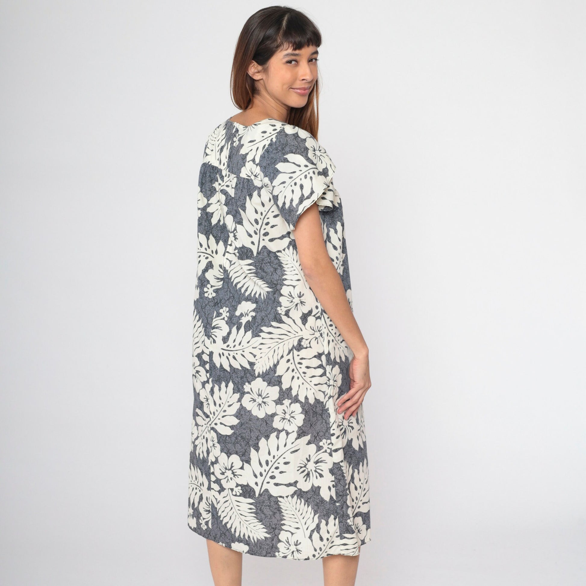 80s Hawaiian Floral Grey Midi Tent Dress Hibiscus Print Medium