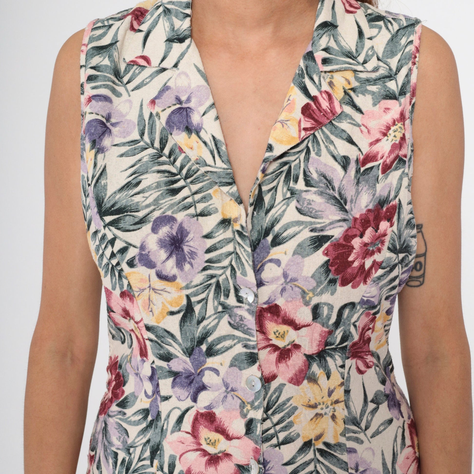 90s O'Kief Silk Floral Midi Dress Tropical Print Off-White Sleeveless Medium