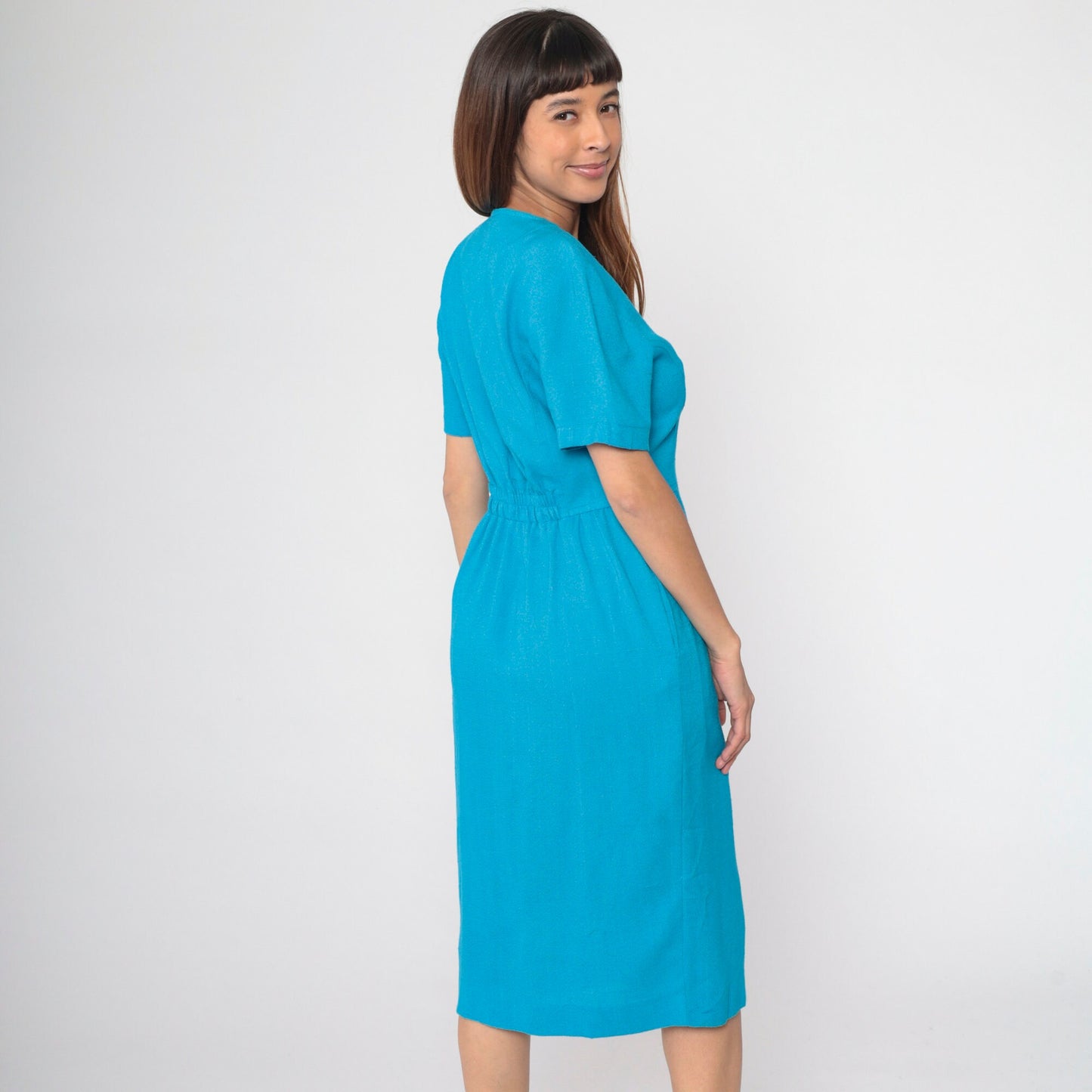 80s Bright Blue Button-Up Midi Sheath Dress Short Sleeve Pencil Skirt Medium 8