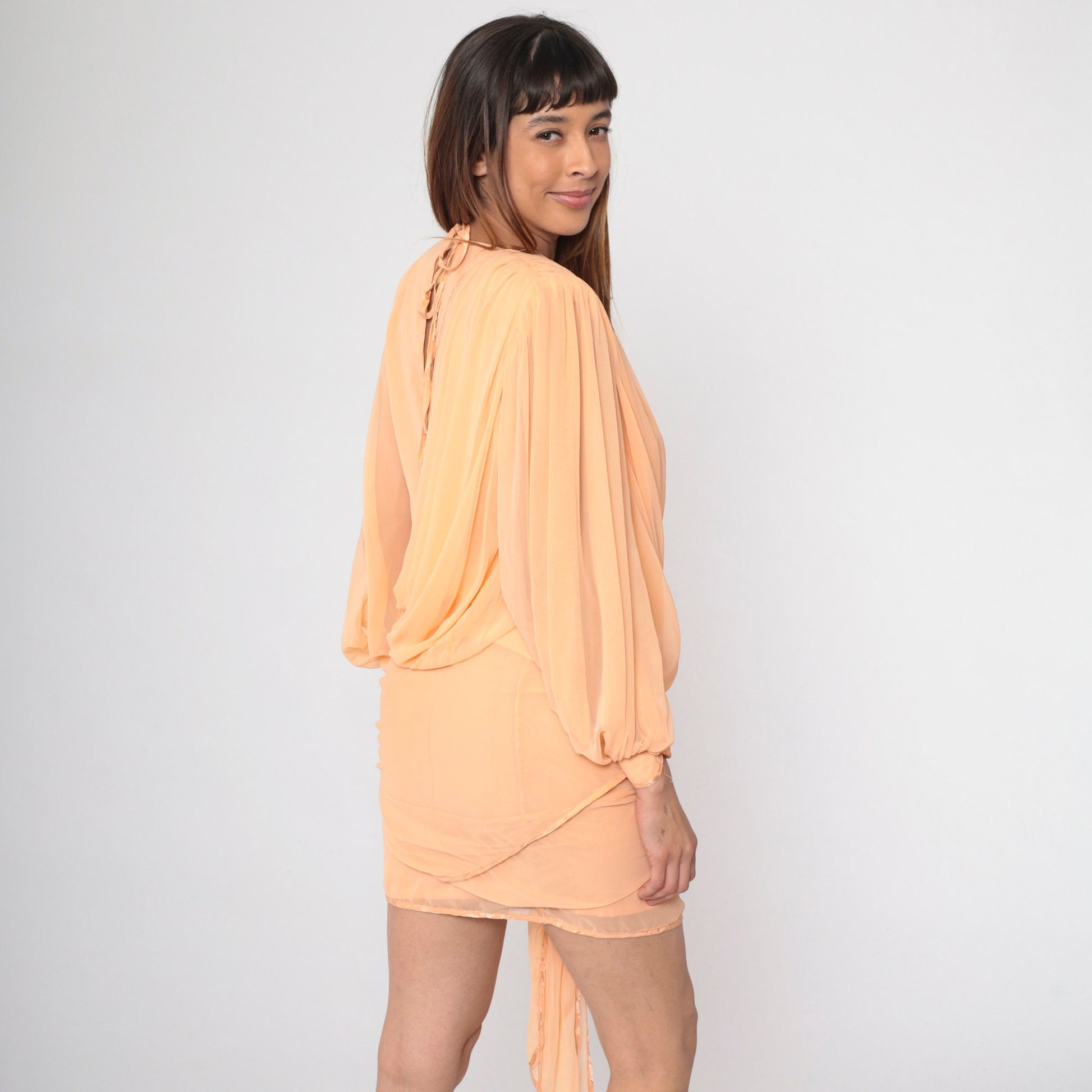 80s Peach Chiffon Shift Dress Puff Sleeve Draped Bodice Small