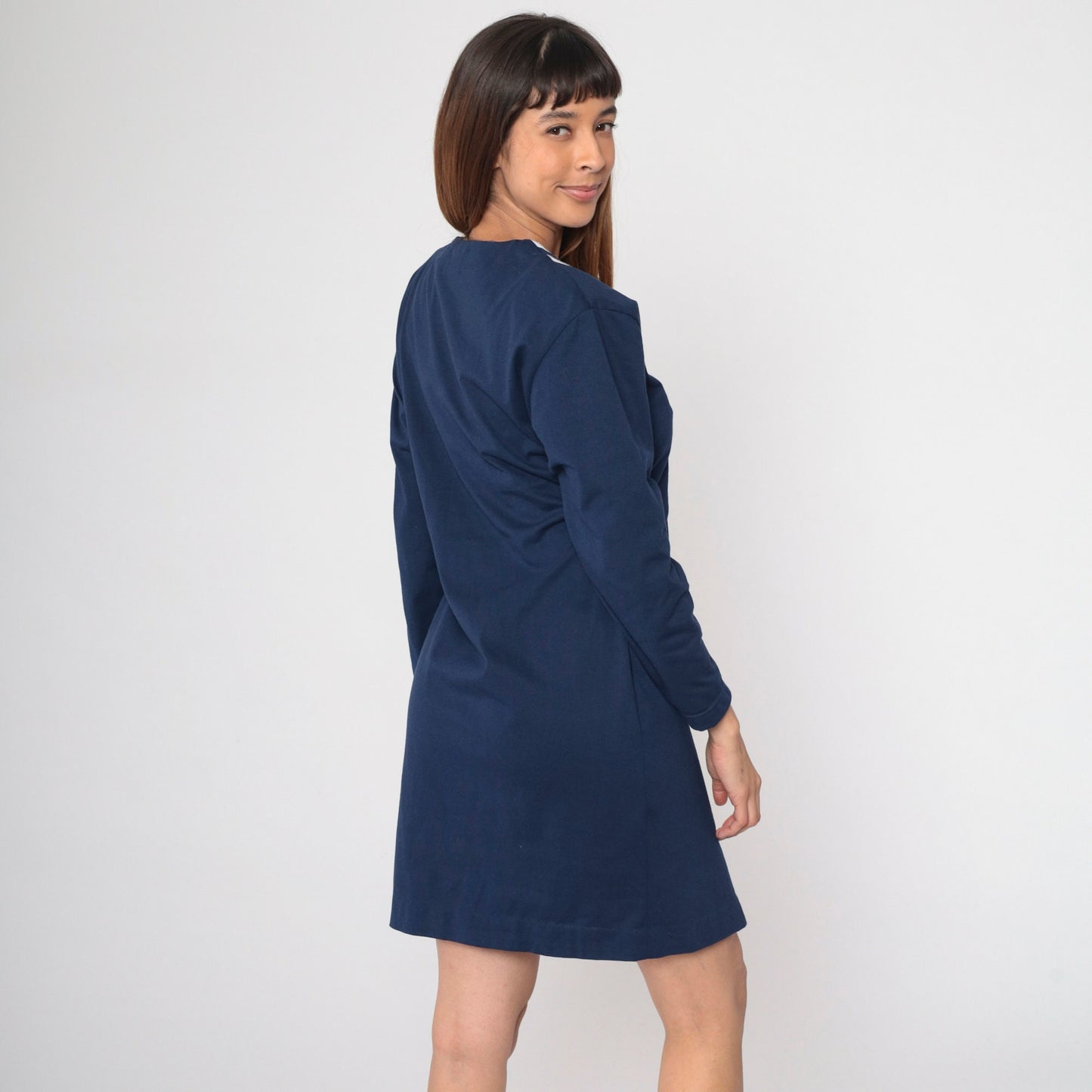 90s Navy Double Breasted Shirtdress White Striped Mini Long Sleeve Medium