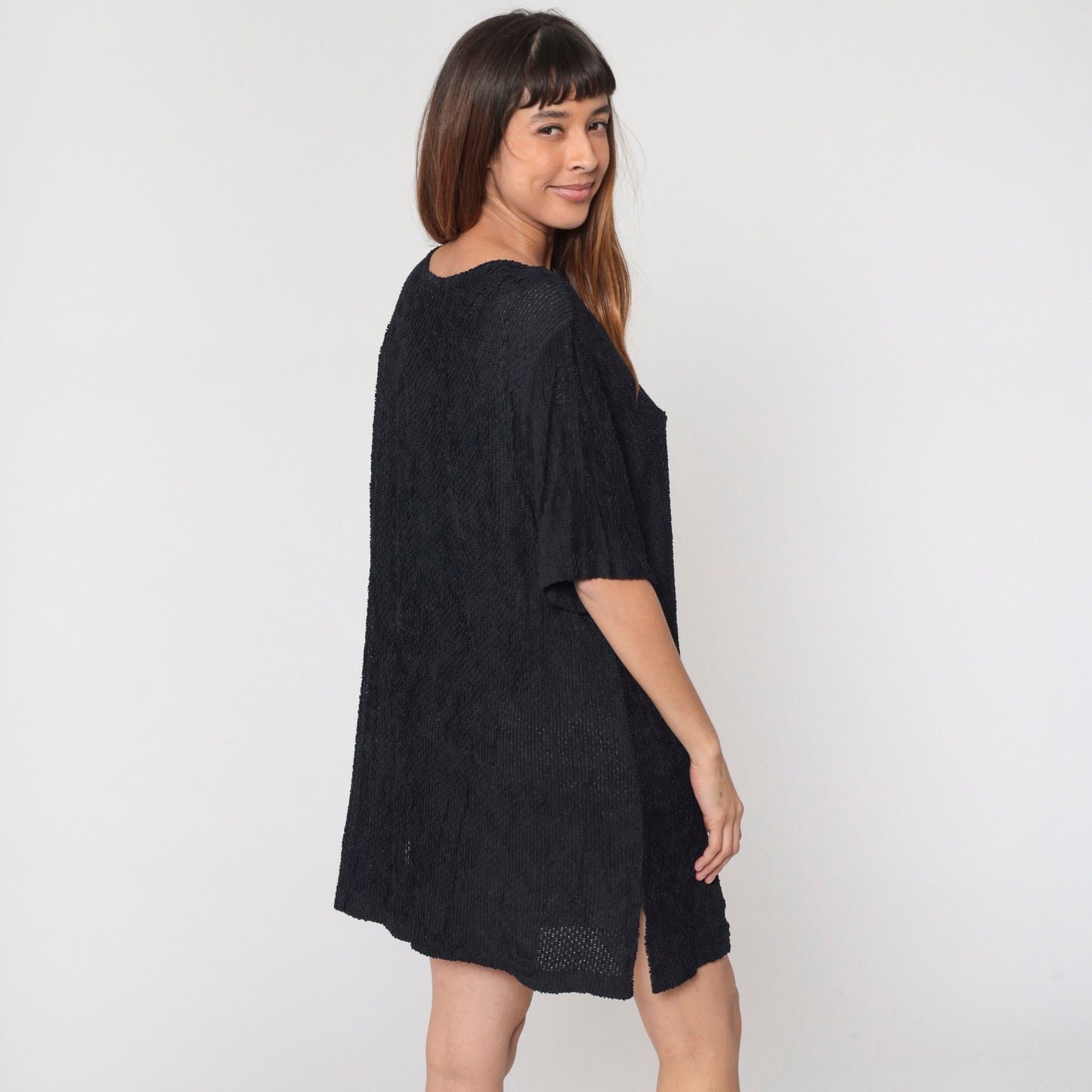 90s Black Semi-Sheer Openwork Shift Dress Plus Size XXL