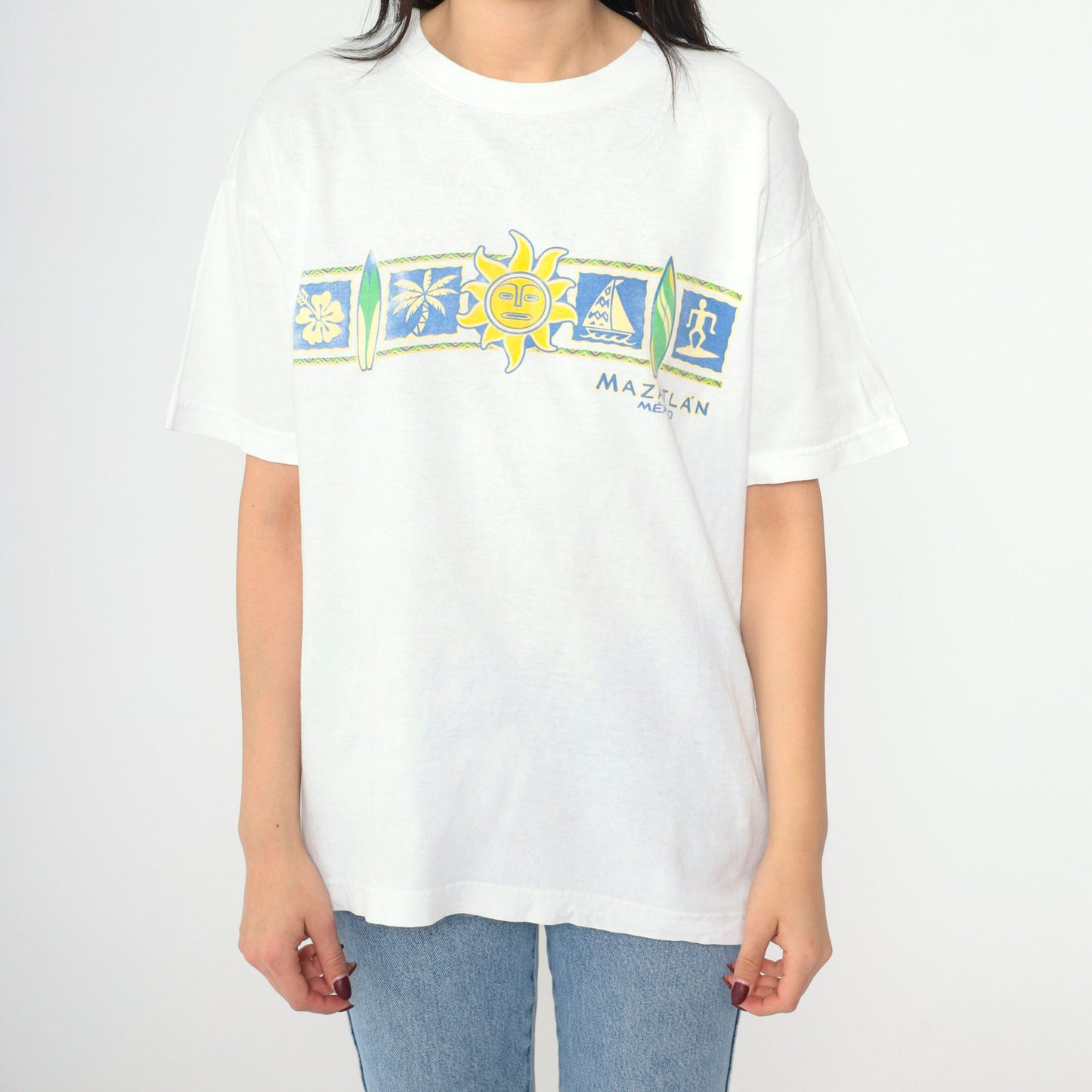 Y2K Mazatlan Mexico Graphic T-Shirt Celestial Sun Cotton White Medium