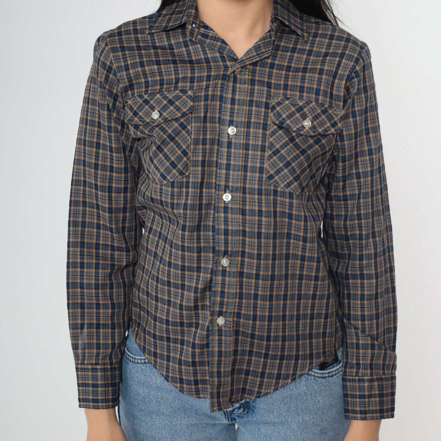 90s Blue Tan Plaid Button-Up Shirt Long Sleeve Chest Pocket Extra Small