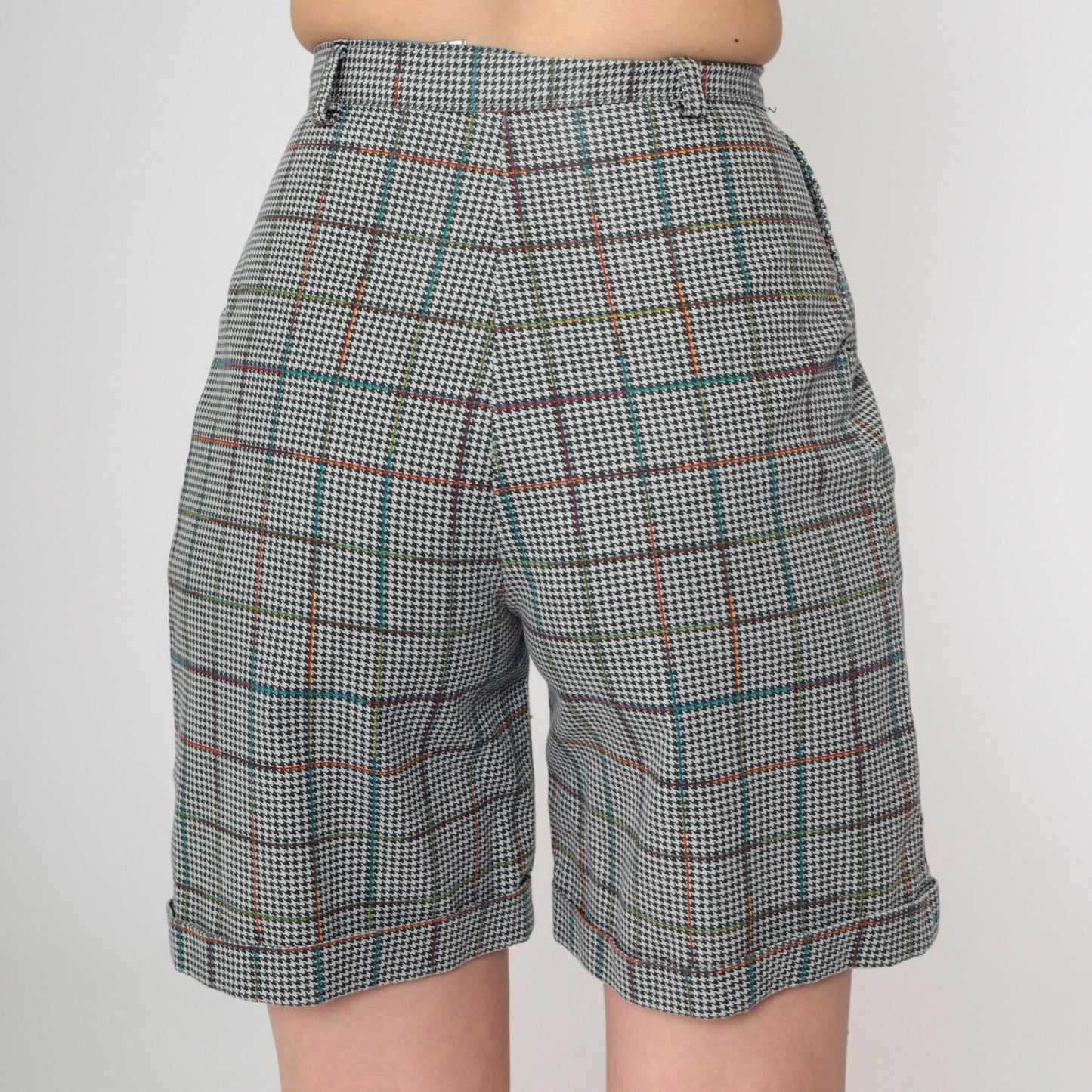 80s Houndstooth High-Waisted Shorts Black White Pleated Extra Small XS