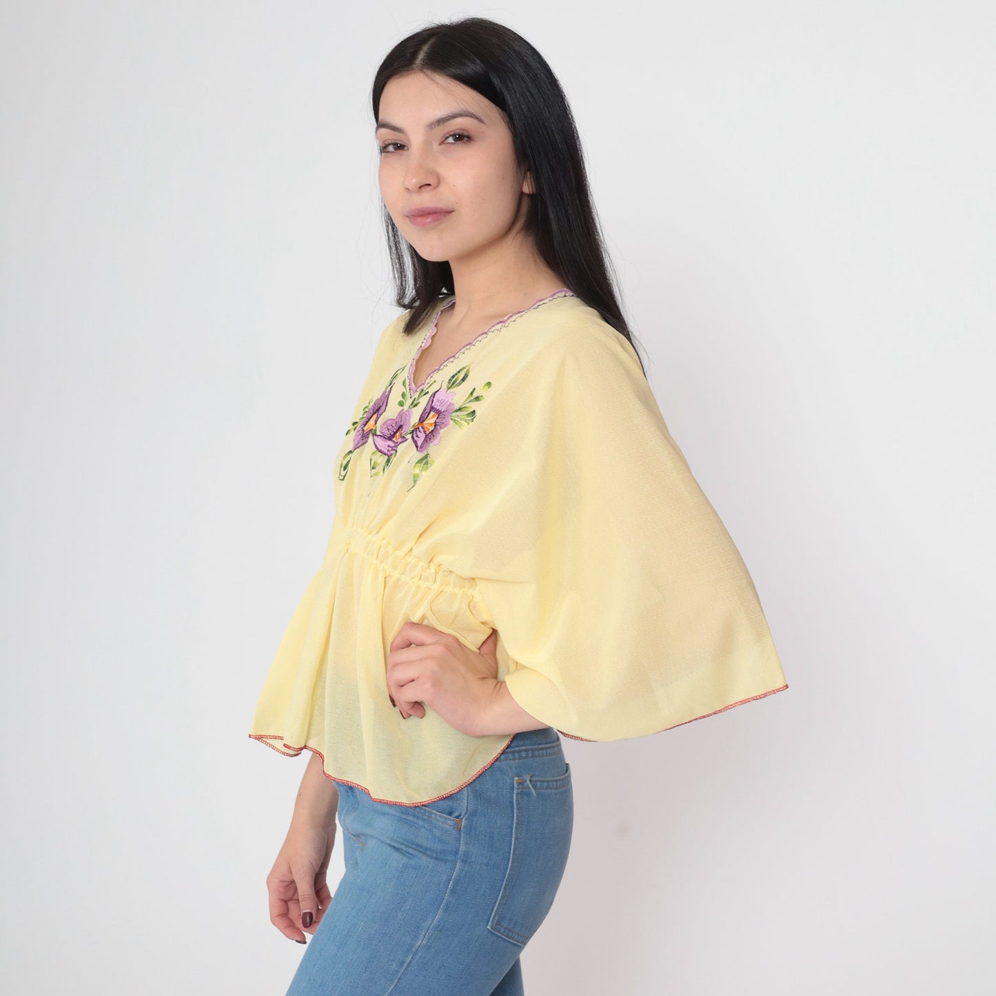 70s Yellow Floral Embroidered Caftan Top Sheer V-Neck Small Medium