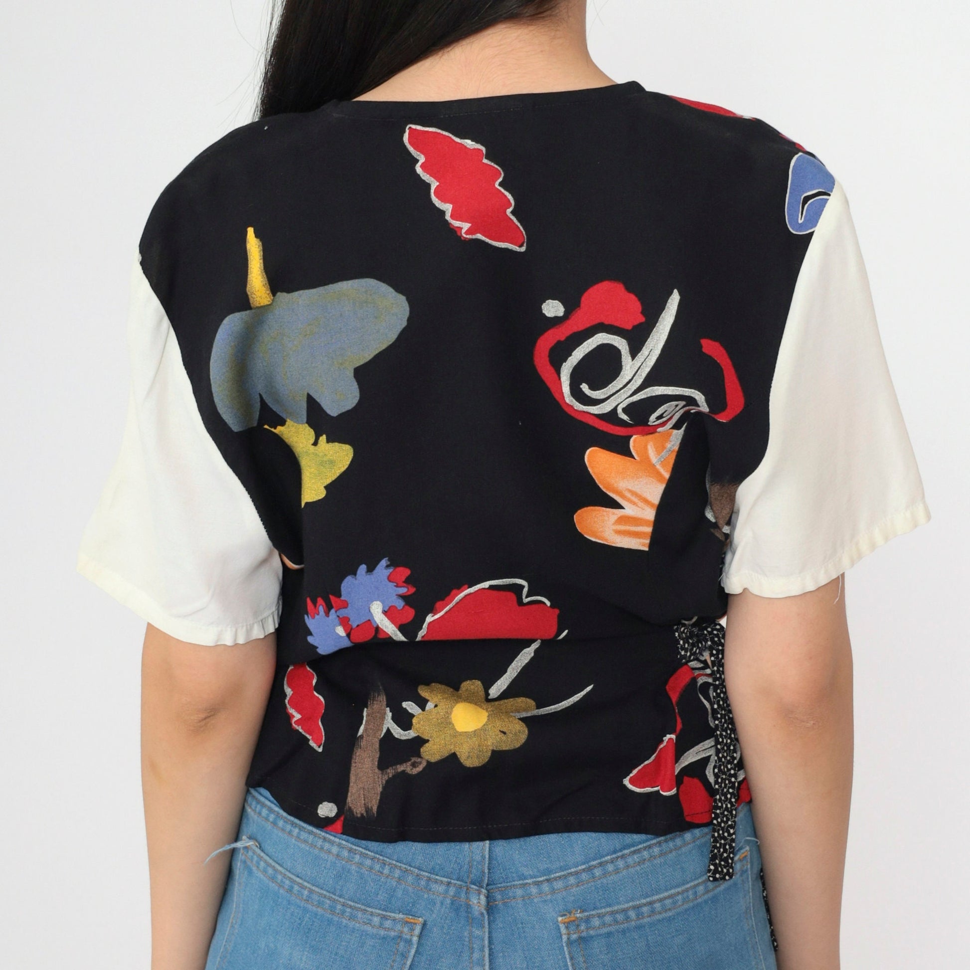90s Kathie Lee Abstract Floral Button-Up Blouse with Attached Vest White Black Medium
