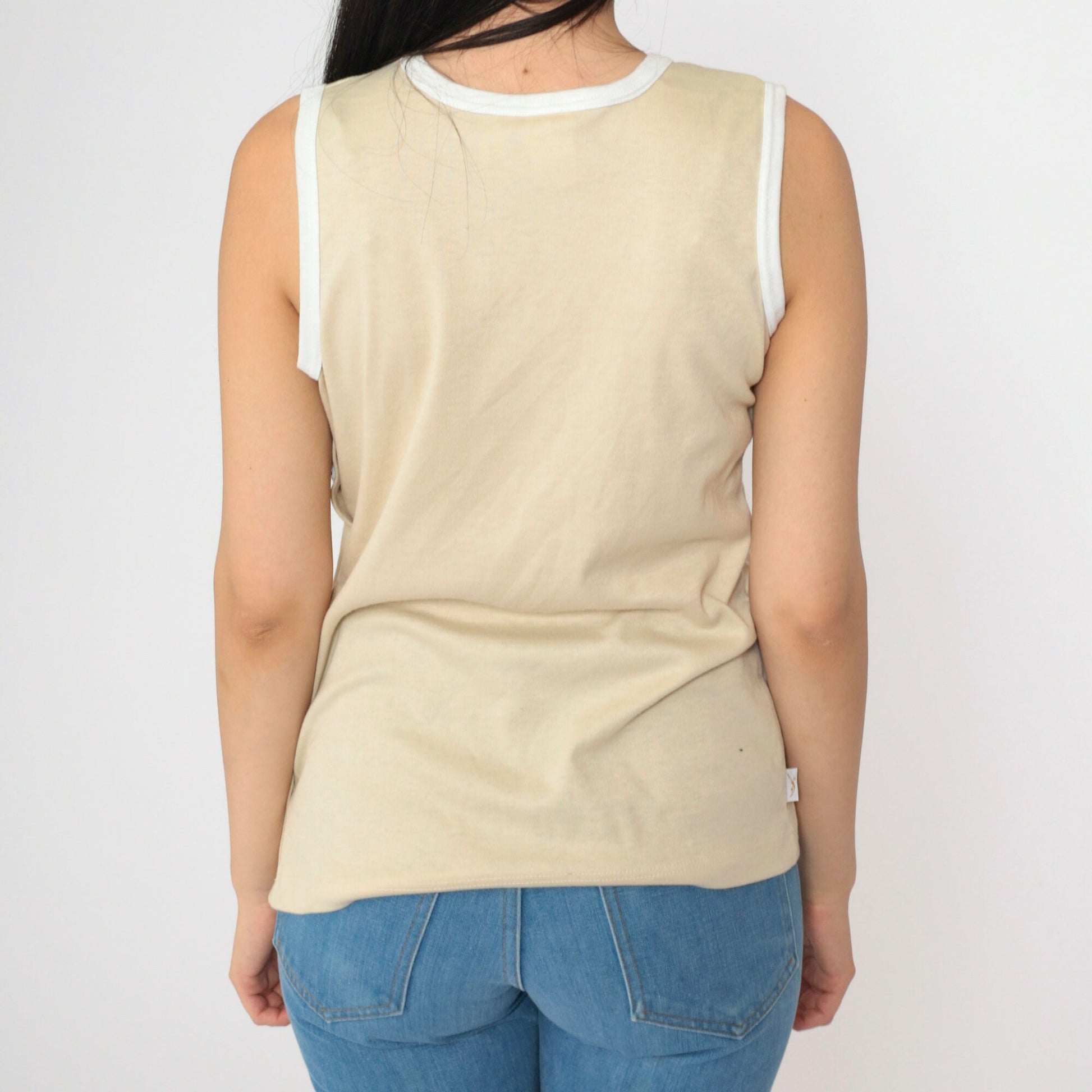 80s Jantzen Beige Tank Top Ringer Trim Scoop Neck Small