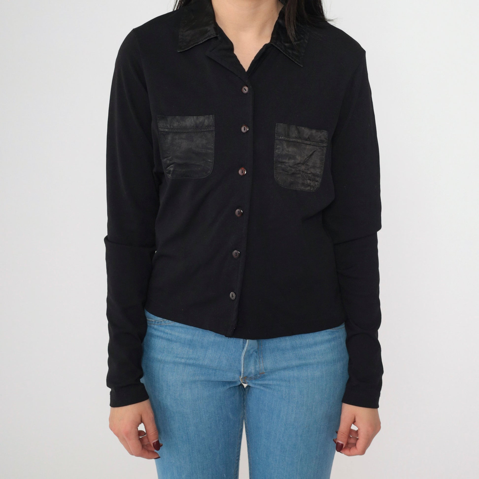 90s Energie Black Button-Up Blouse Satin Pocket Long Sleeve Medium