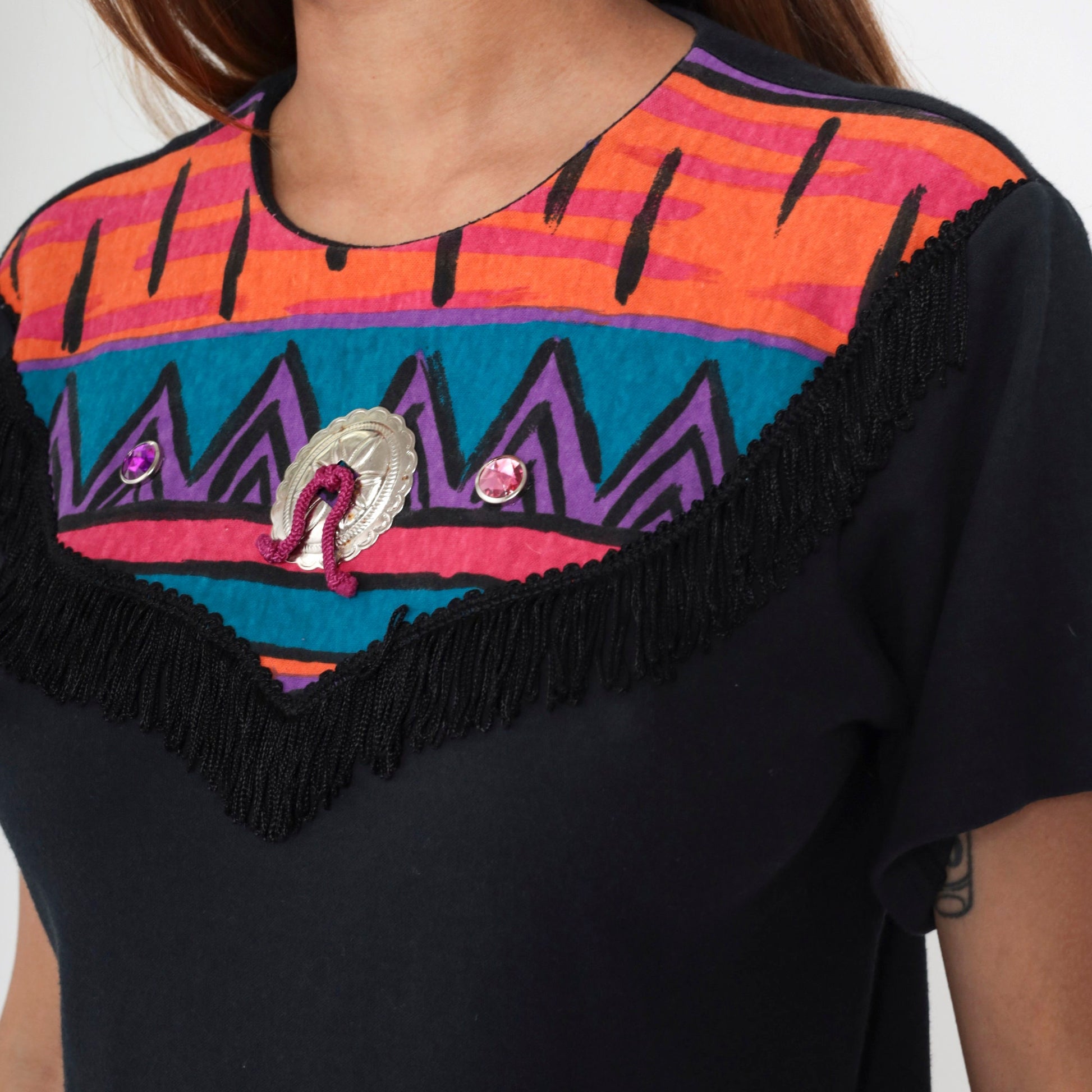 90s Southwest Fringe T-Shirt Black Rhinestone Yoke Small