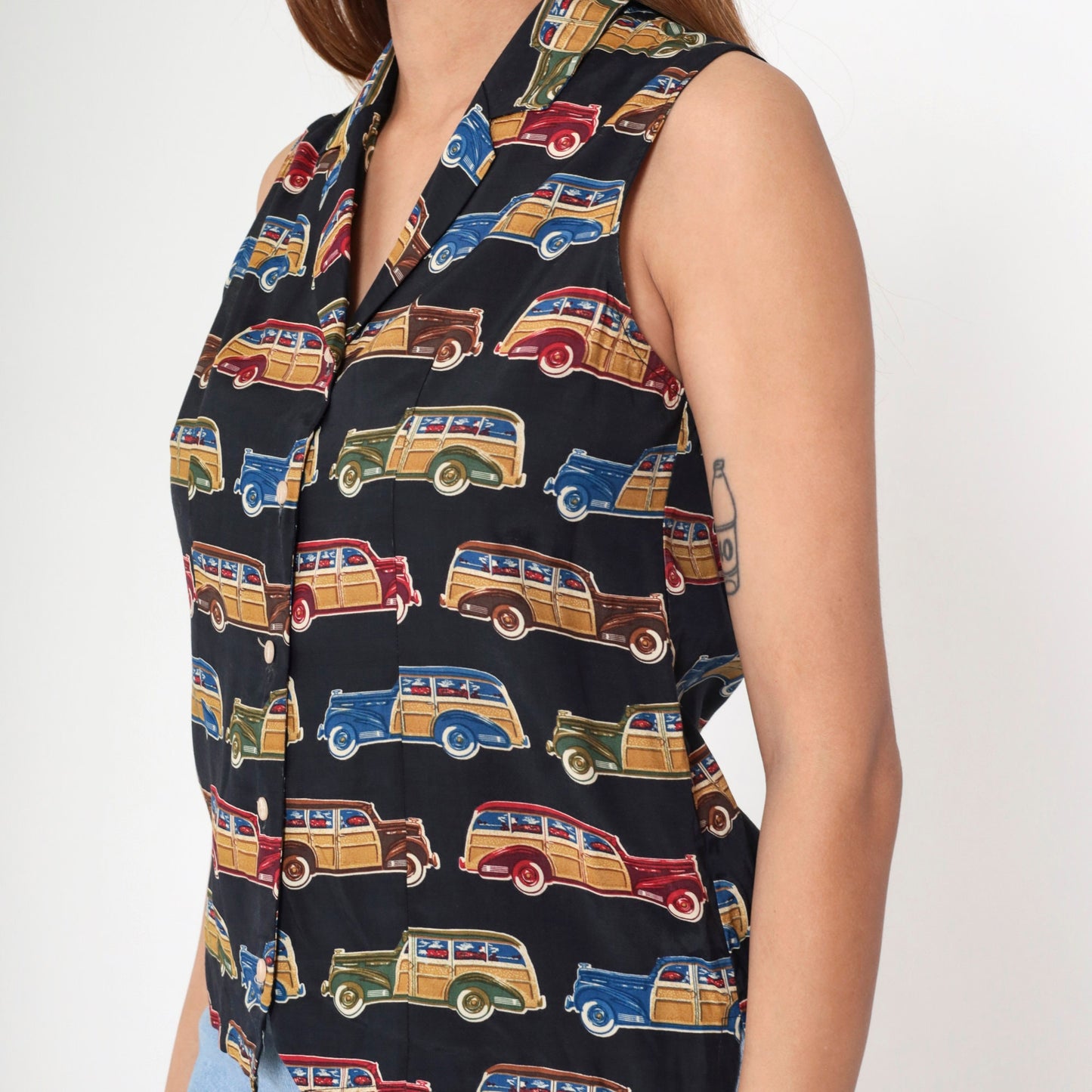 90s Classic Car Print Sleeveless Button-Up Blouse White Collar Small