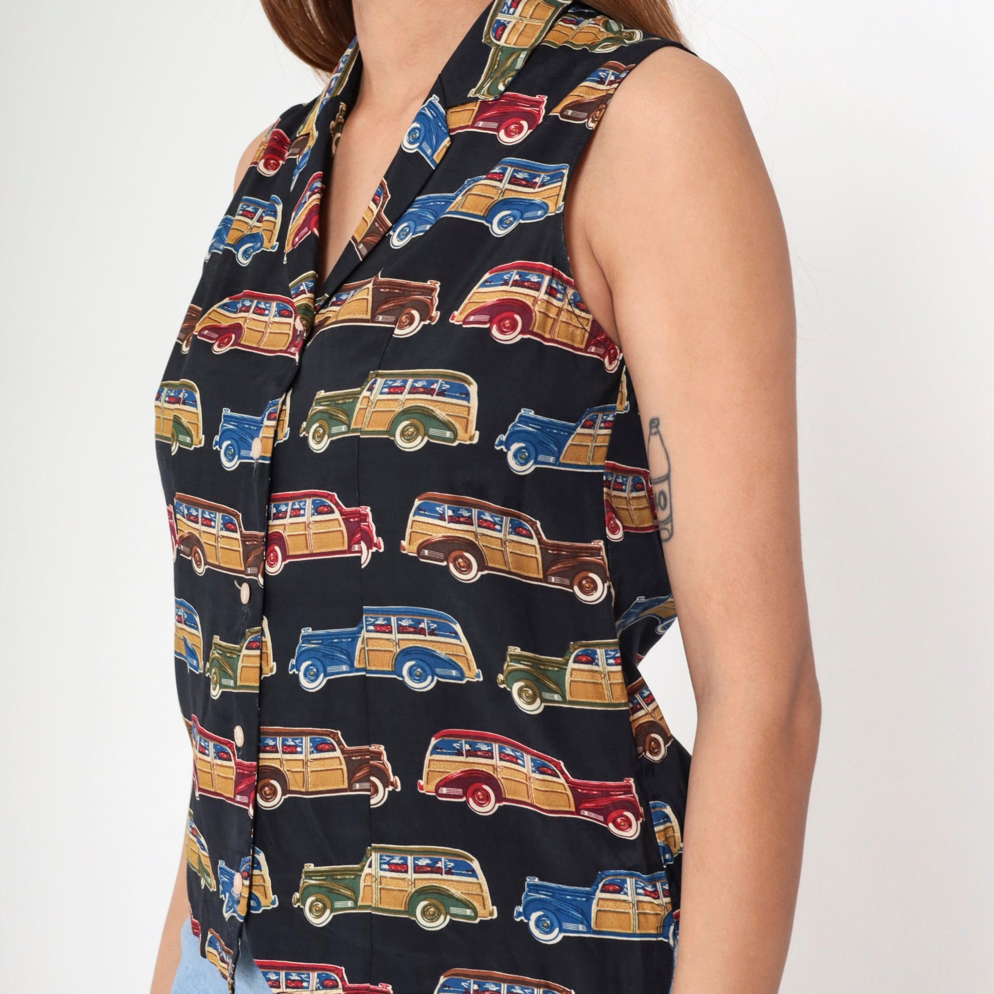 90s Classic Car Print Sleeveless Button-Up Blouse White Collar Small