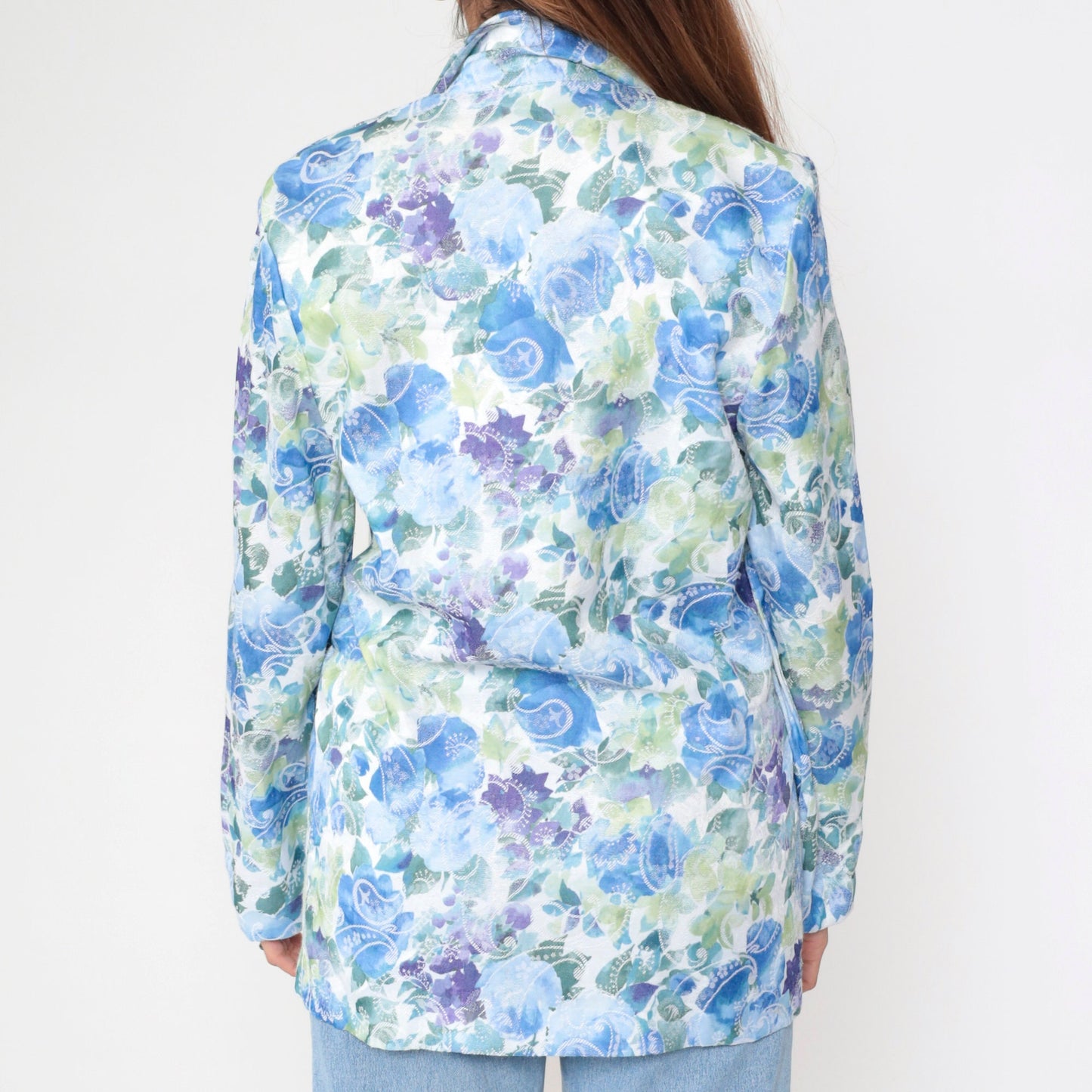 90s Floral Jacquard Blazer Blue Green Paisley Notch Lapel Medium