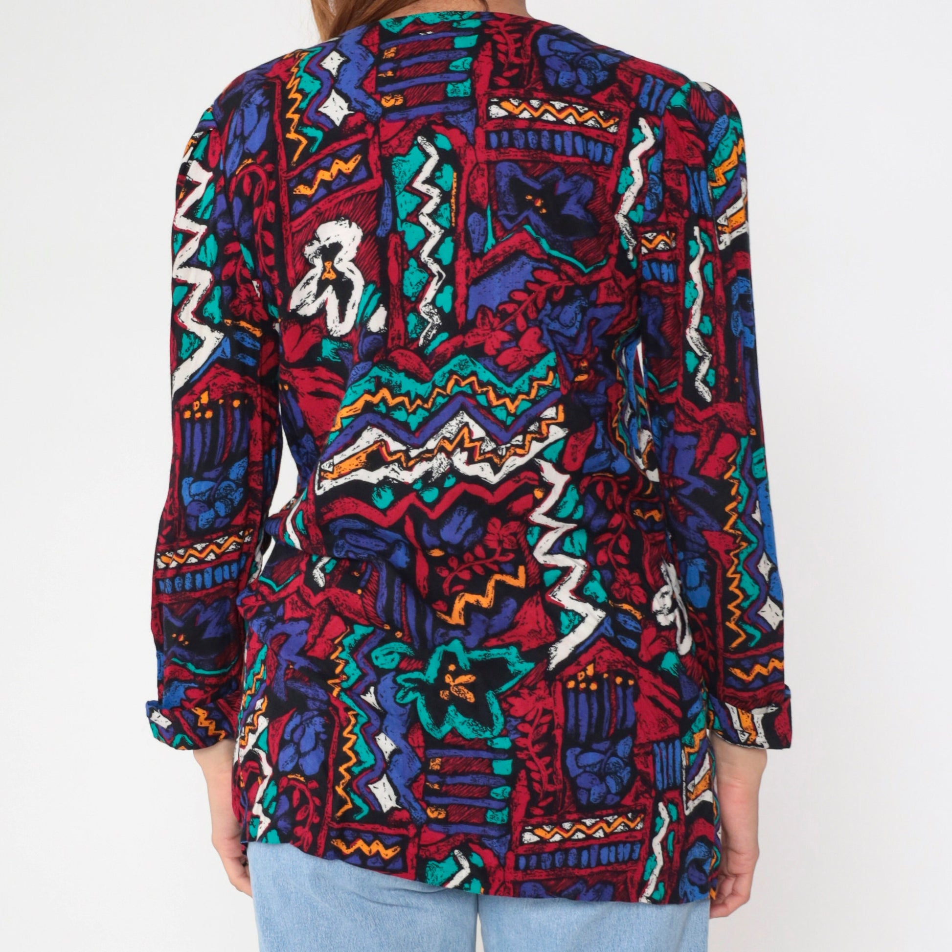 90s Abstract Geometric Floral Blazer Jacket Red Blue Open Front Puff Sleeve Medium Petite