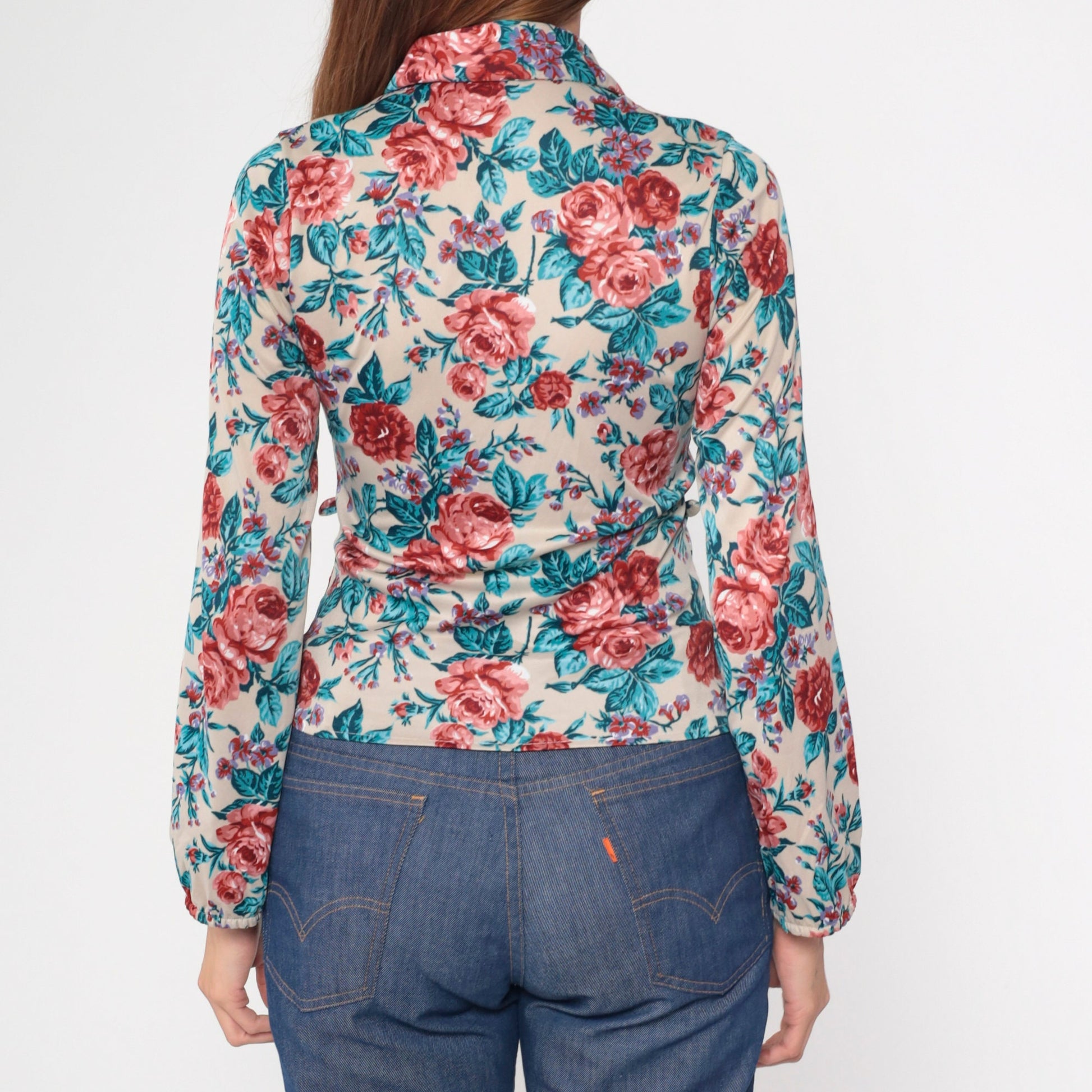 70s Floral Print Button-Up Blouse Taupe Pink Blue Long Sleeve Collar Medium