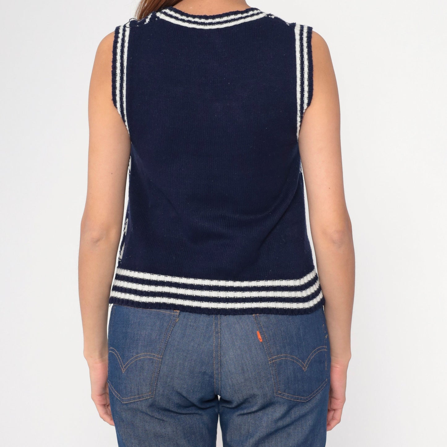 70s Palm Tree Knit Vest Navy White Scoop Neck Sleeveless Top Small S