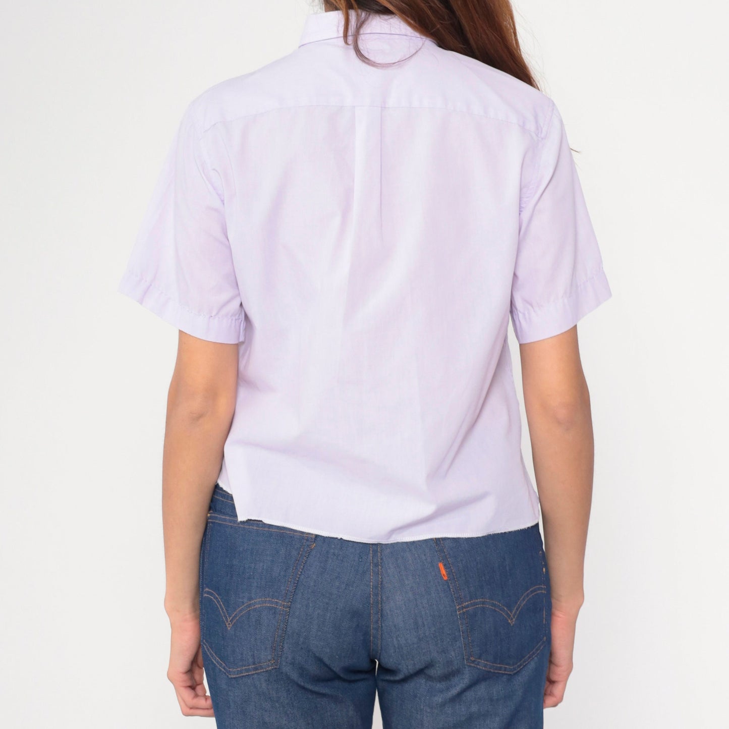 80s Lavender Pleated Button-Up Blouse Short Sleeve Cotton Blend Medium