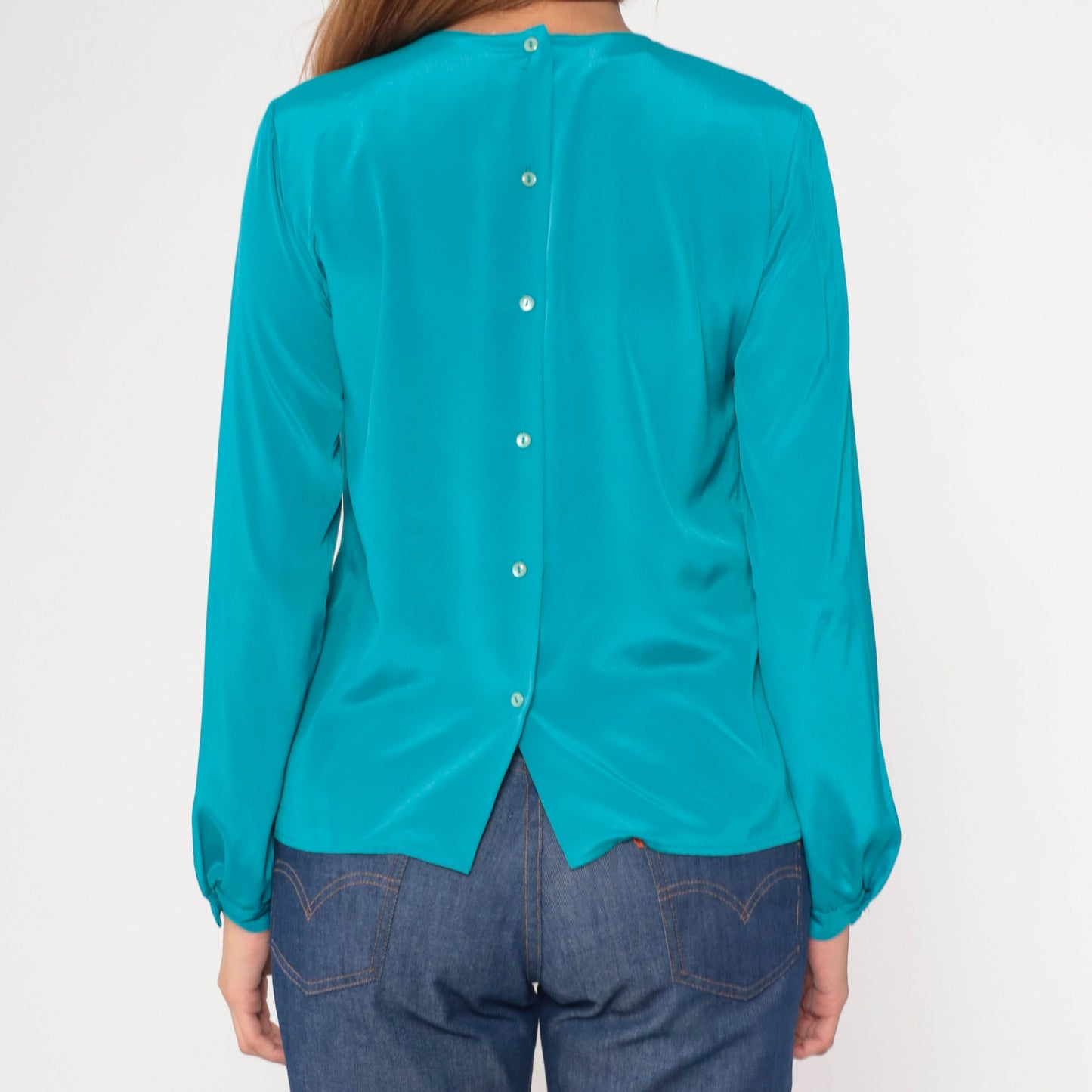 80s Teal Embroidered Cutwork Collar Blouse Button-Back Long Sleeve Small