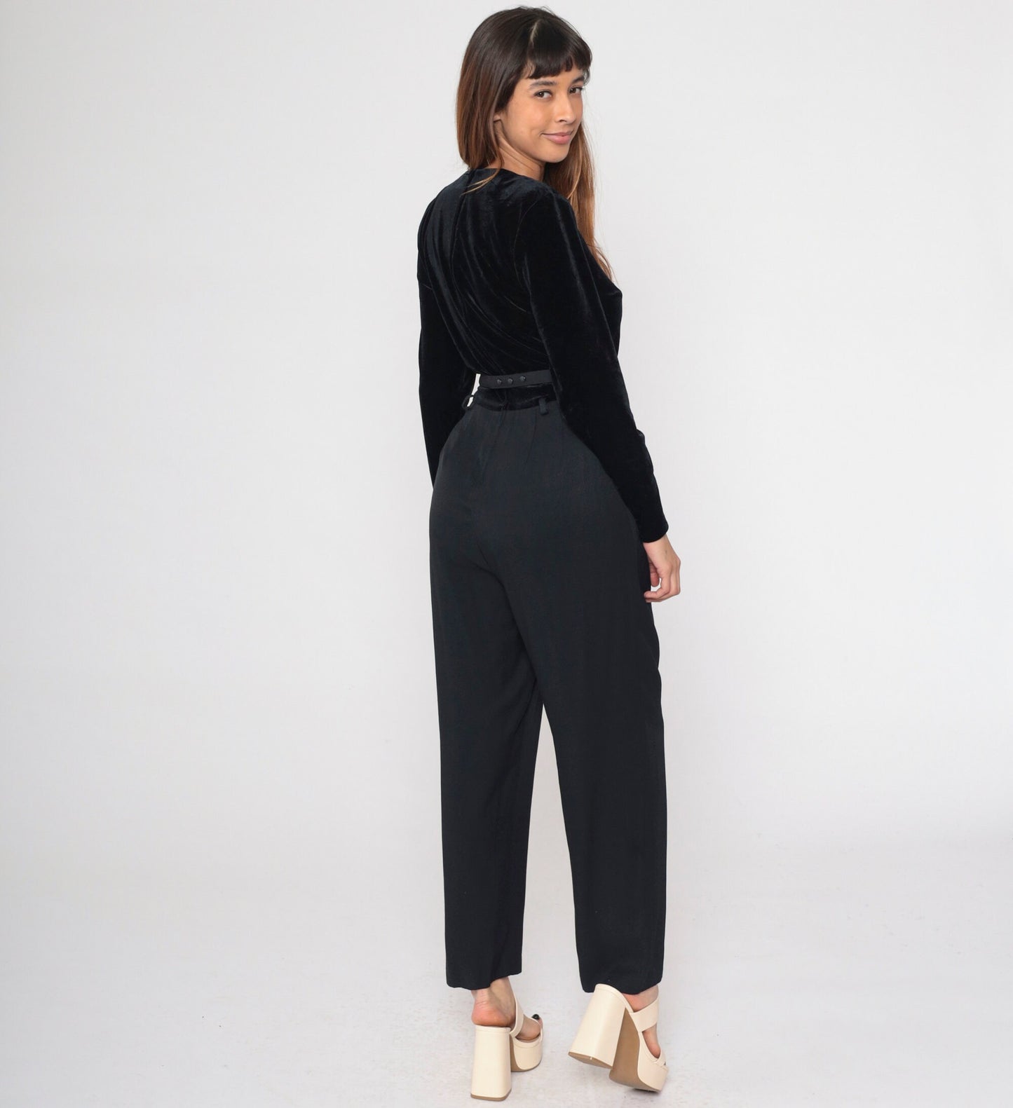 90s Black Velvet Jumpsuit Rhinestone Scoop Neck Tapered Long Sleeve Medium