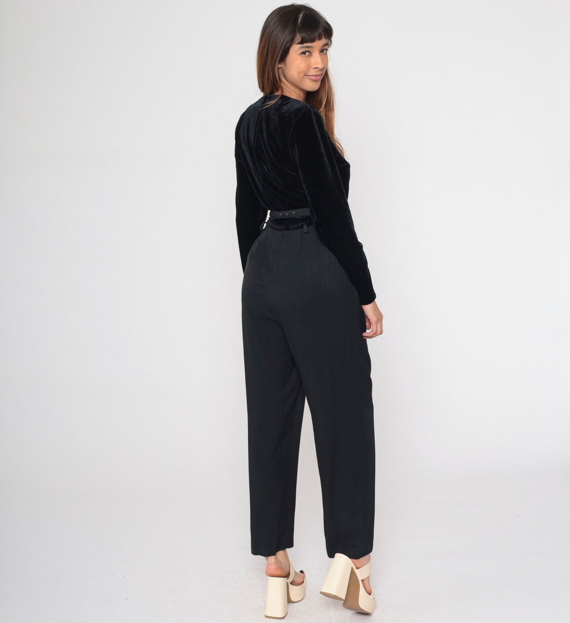 90s Black Velvet Jumpsuit Rhinestone Scoop Neck Tapered Long Sleeve Medium