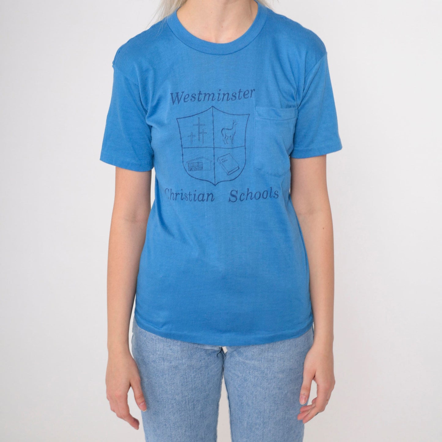 80s Westminster Christian Schools Logo T-Shirt Blue Graphic Tee Extra Small