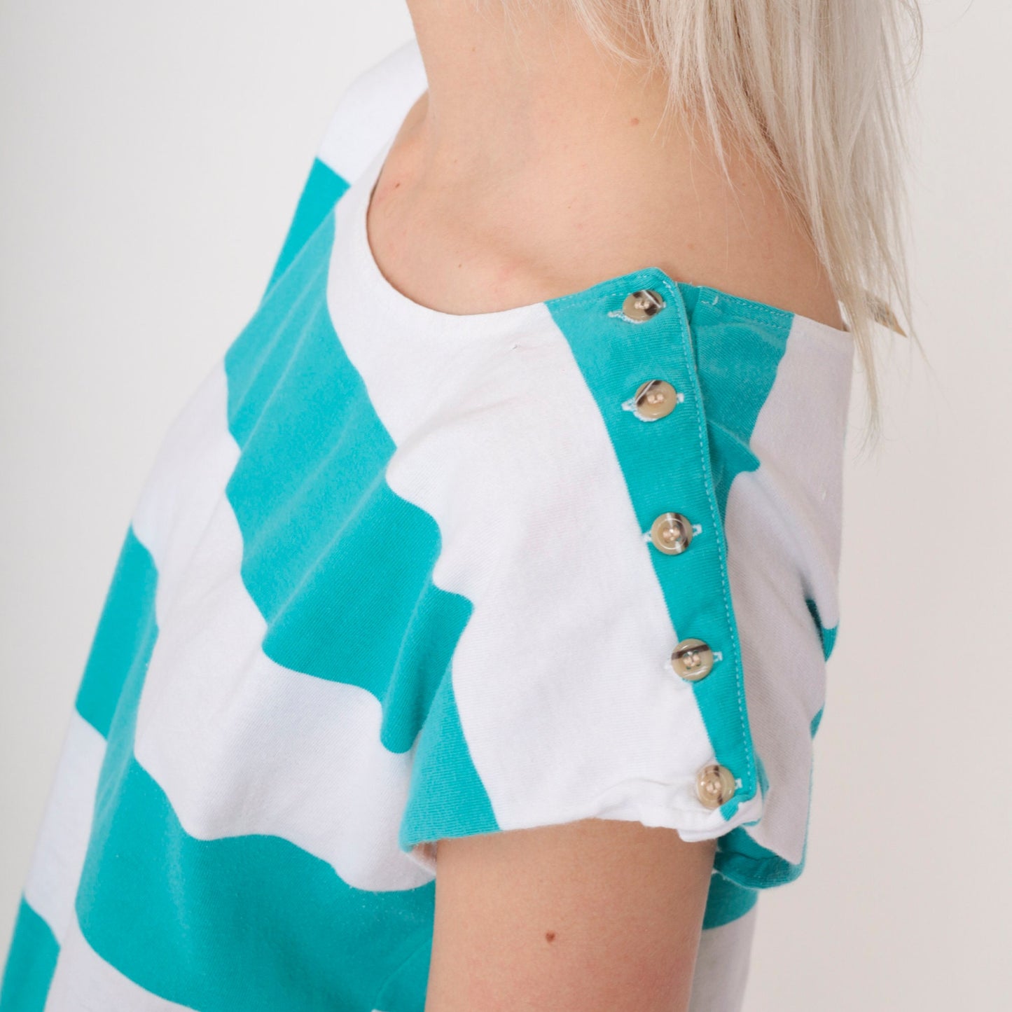 80s 90s Honors Striped Cap Sleeve T-Shirt Turquoise White Medium