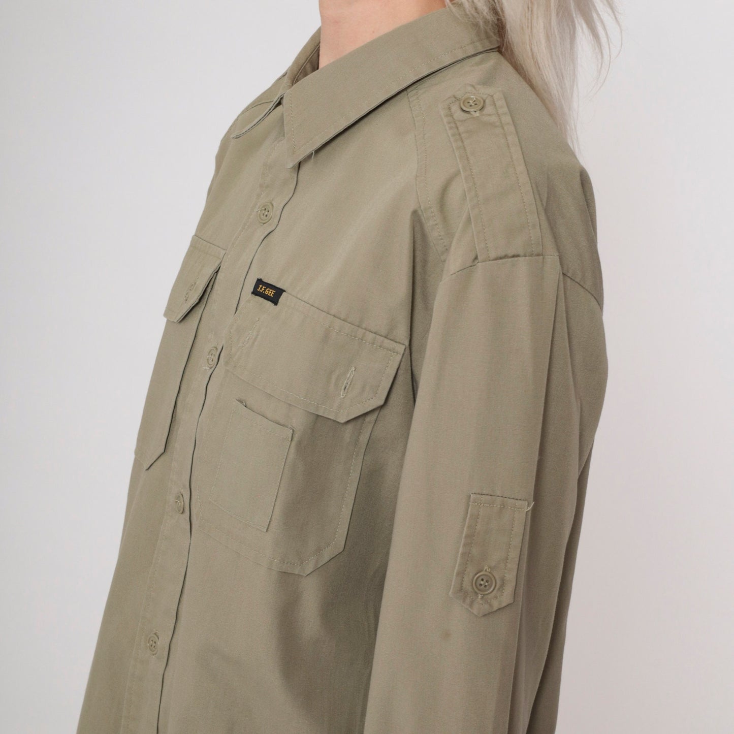 90s Utility Shirt Khaki Military Style Button Up Long Sleeve Medium