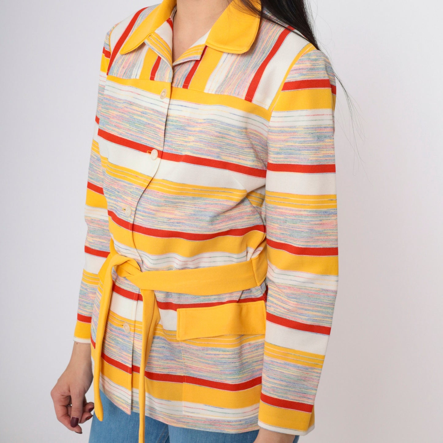 70s Yellow Red Striped Button-Up Blouse Pointed Collar Long Sleeve Small