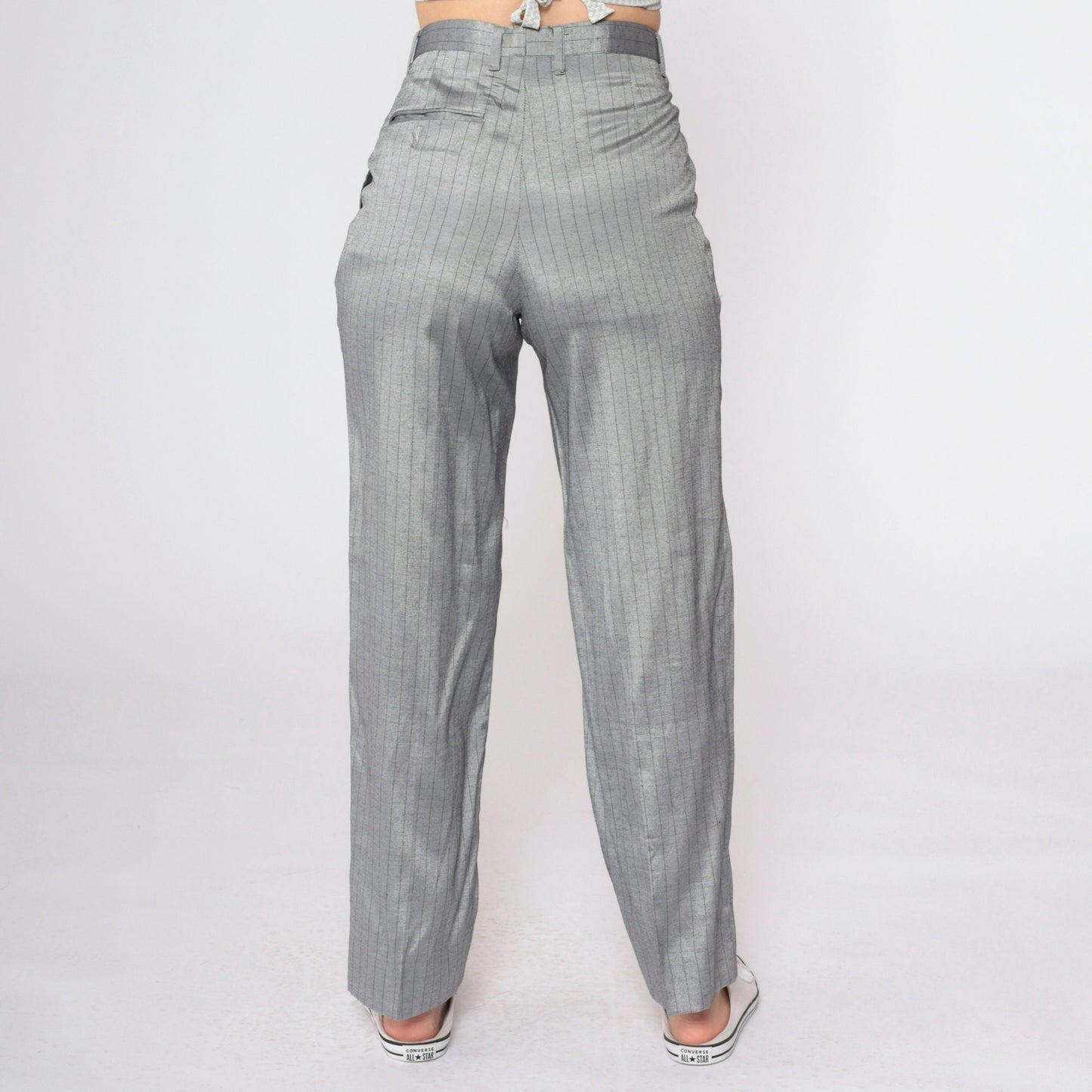 90s Grey Pinstripe High-Waisted Pleated Straight-Leg Trousers Small