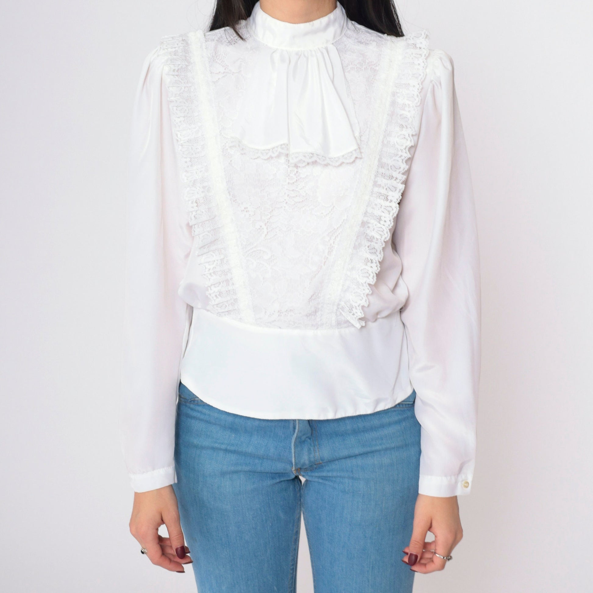 80s White Lace Jabot Blouse Puff Sleeve Button Back Shirt Small