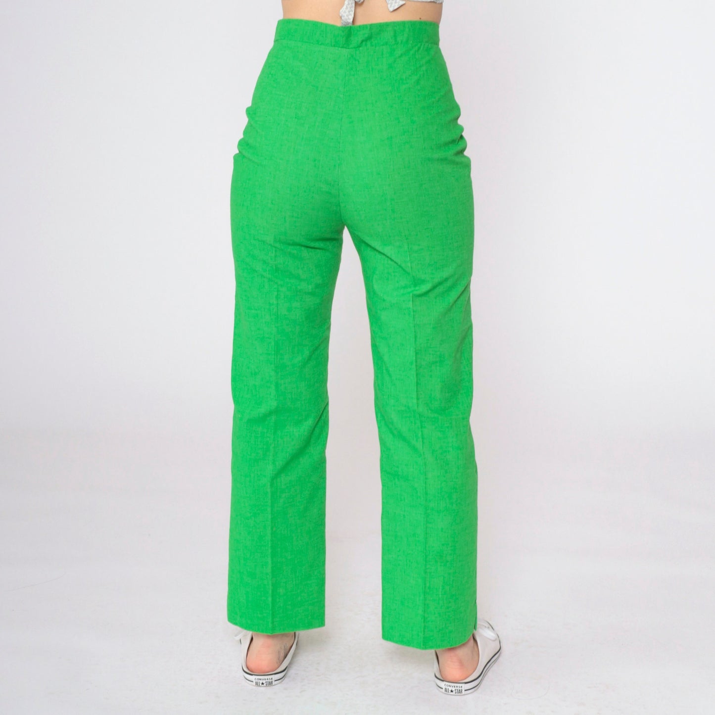 70s Lime Green Straight Leg Trousers High Rise Cotton Blend Small