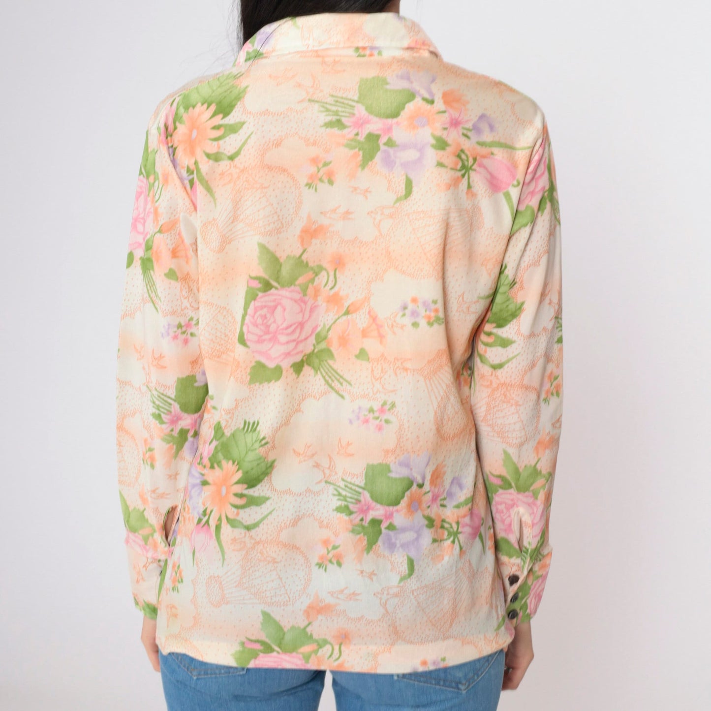 70s Pastel Bird Hot Air Balloon Floral Blouse Pointed Collar Long Sleeve Medium
