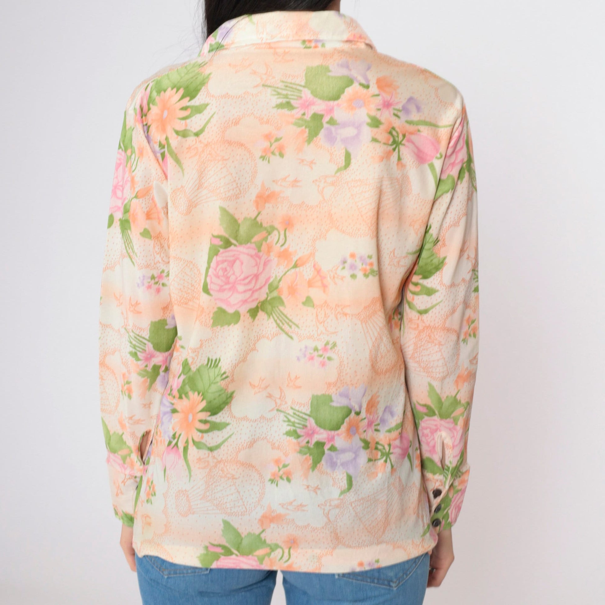 70s Pastel Bird Hot Air Balloon Floral Blouse Pointed Collar Long Sleeve Medium