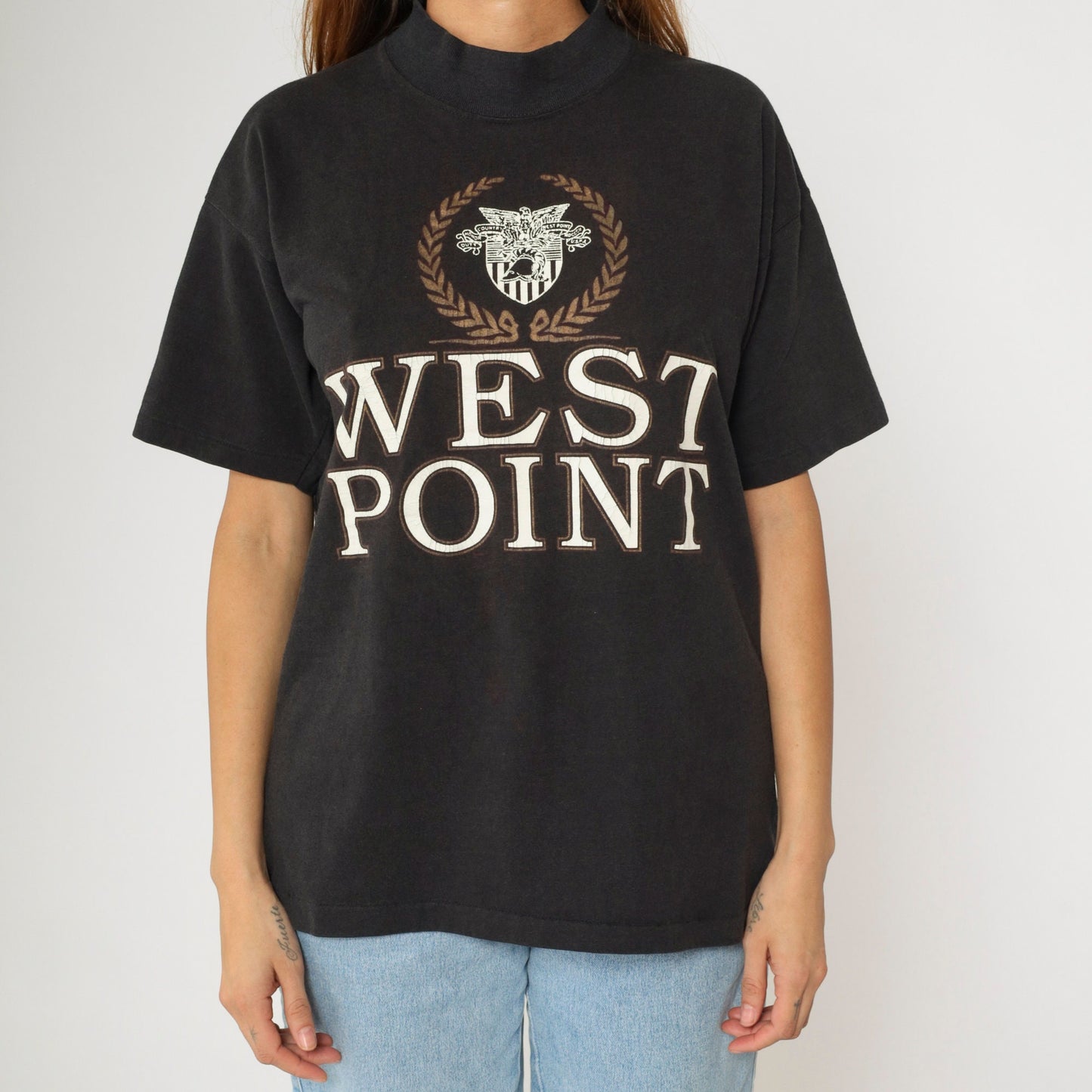90s West Point Military Academy Black Mock Neck Graphic Tee Medium