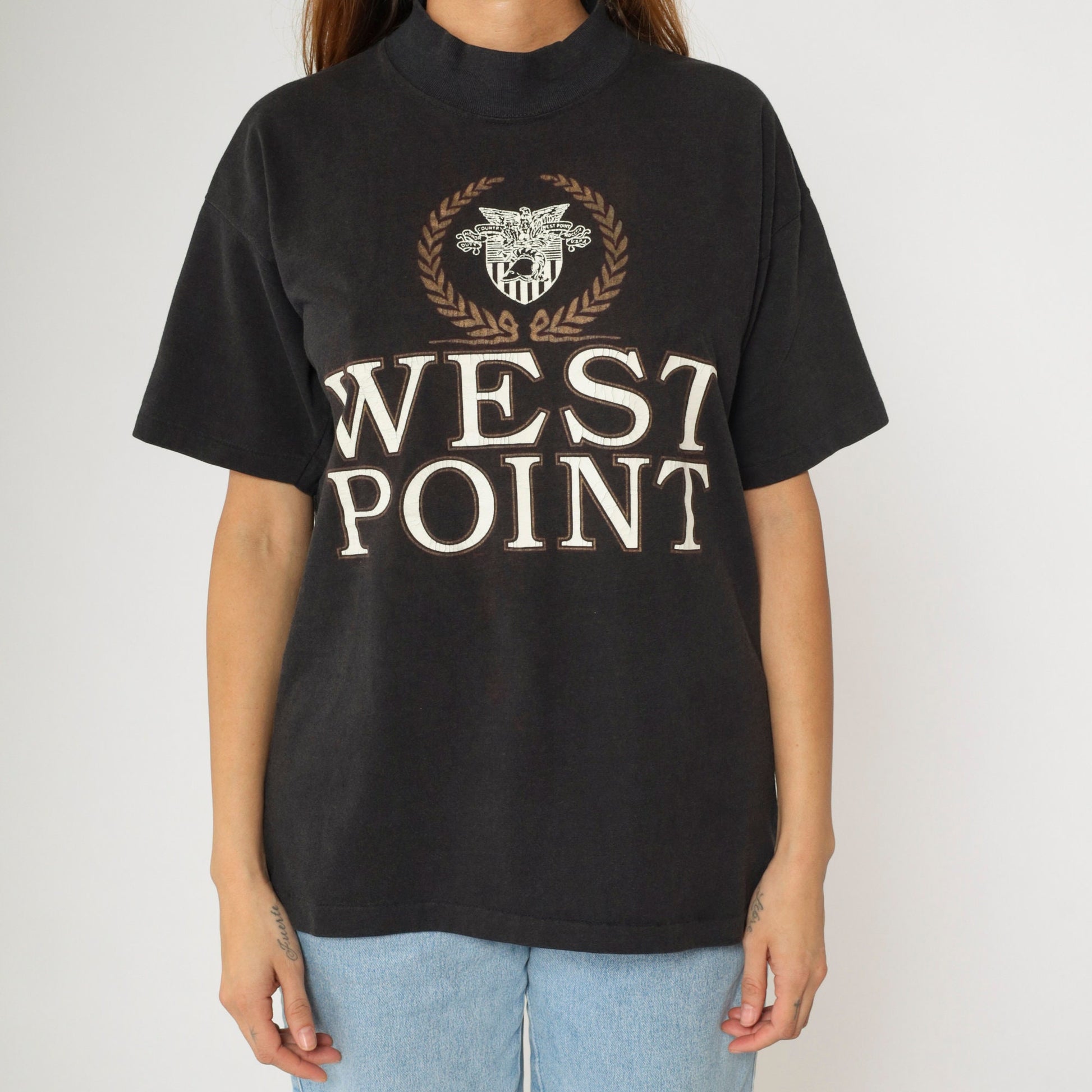 90s West Point Military Academy Black Mock Neck Graphic Tee Medium