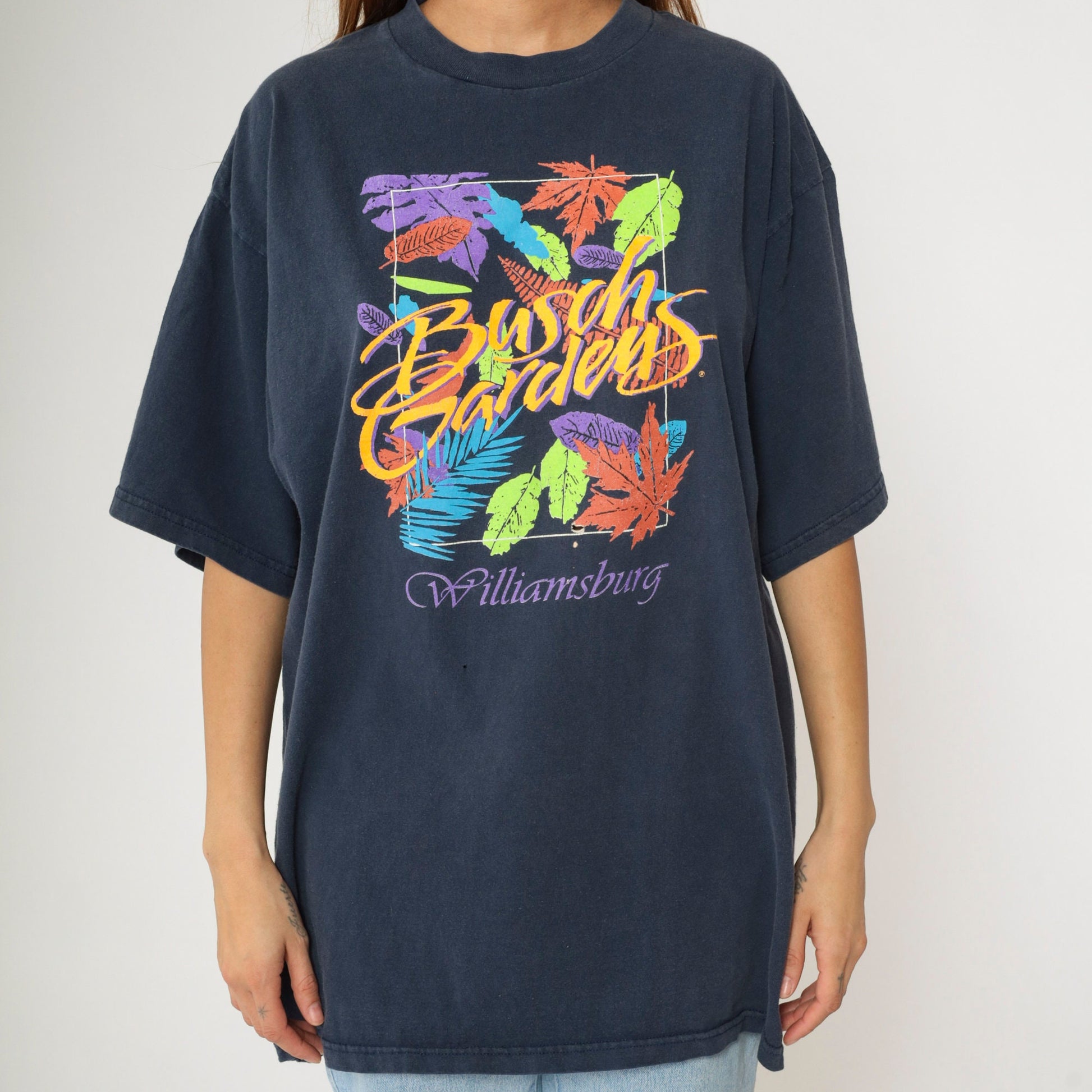 90s Busch Gardens Williamsburg Graphic Tee Navy Leaf Print Extra Large