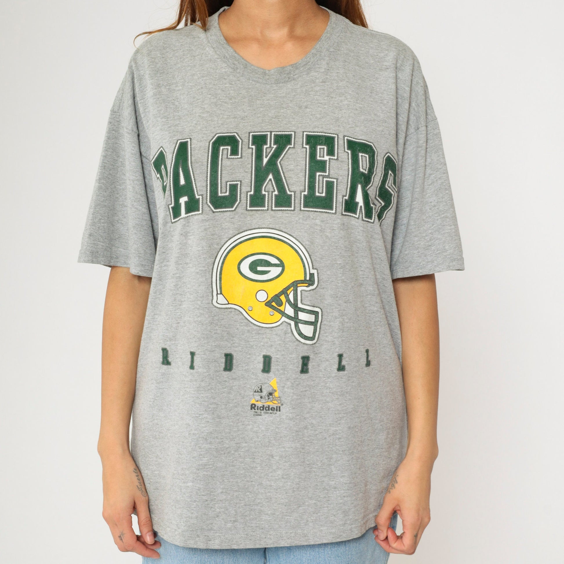 90s Green Bay Packers Riddell NFL Graphic T-Shirt Heather Grey Large L