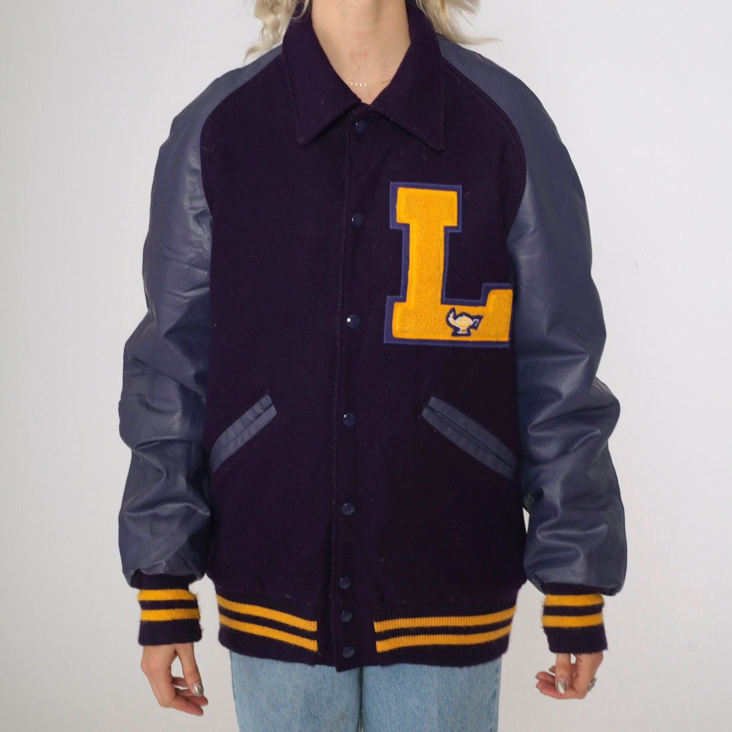 00s Neff Wool Varsity Jacket Purple Faux Leather Sleeves Magic Lamp Small