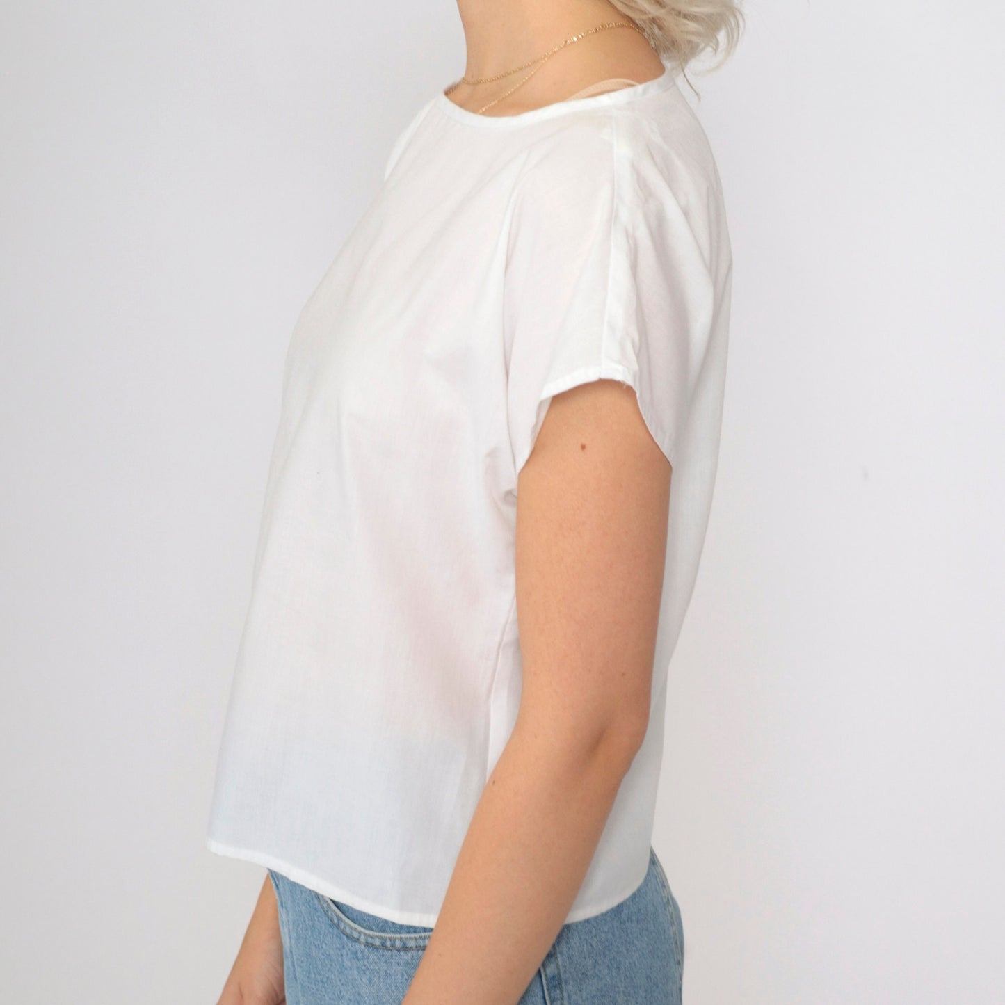 90s White Cap Sleeve Blouse Semi-Sheer Cotton Small