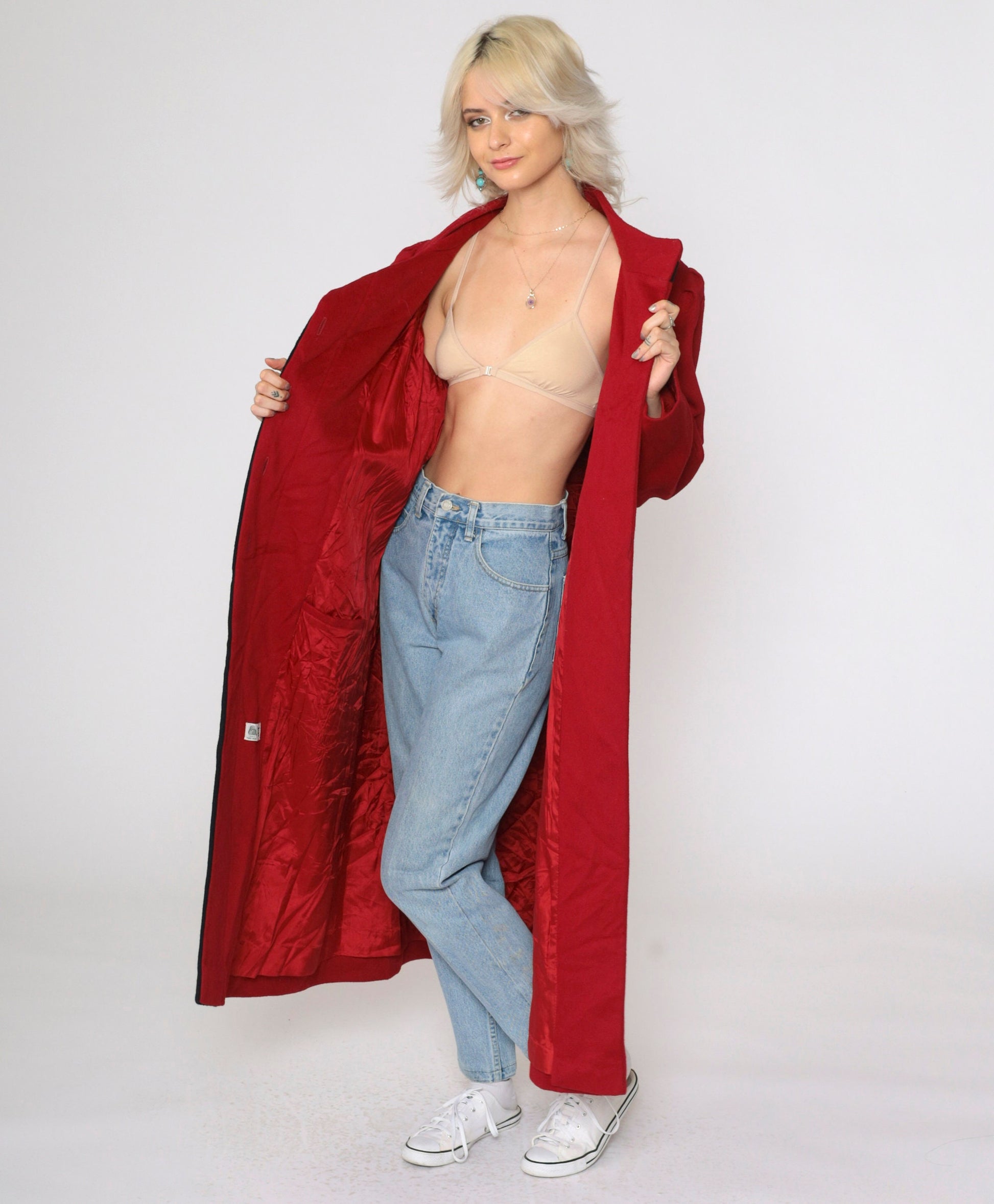 80s Alorna Wool Coat Red Black Trim Long Overcoat Puff Sleeve Medium