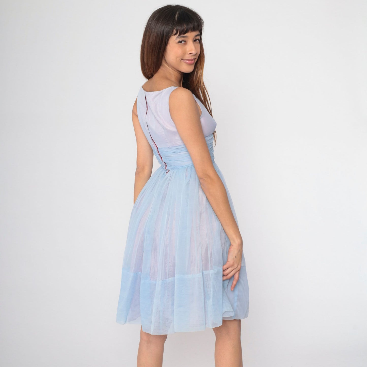 1960s Light Blue Chiffon Empire Waist Dress Knee Length Sleeveless XS