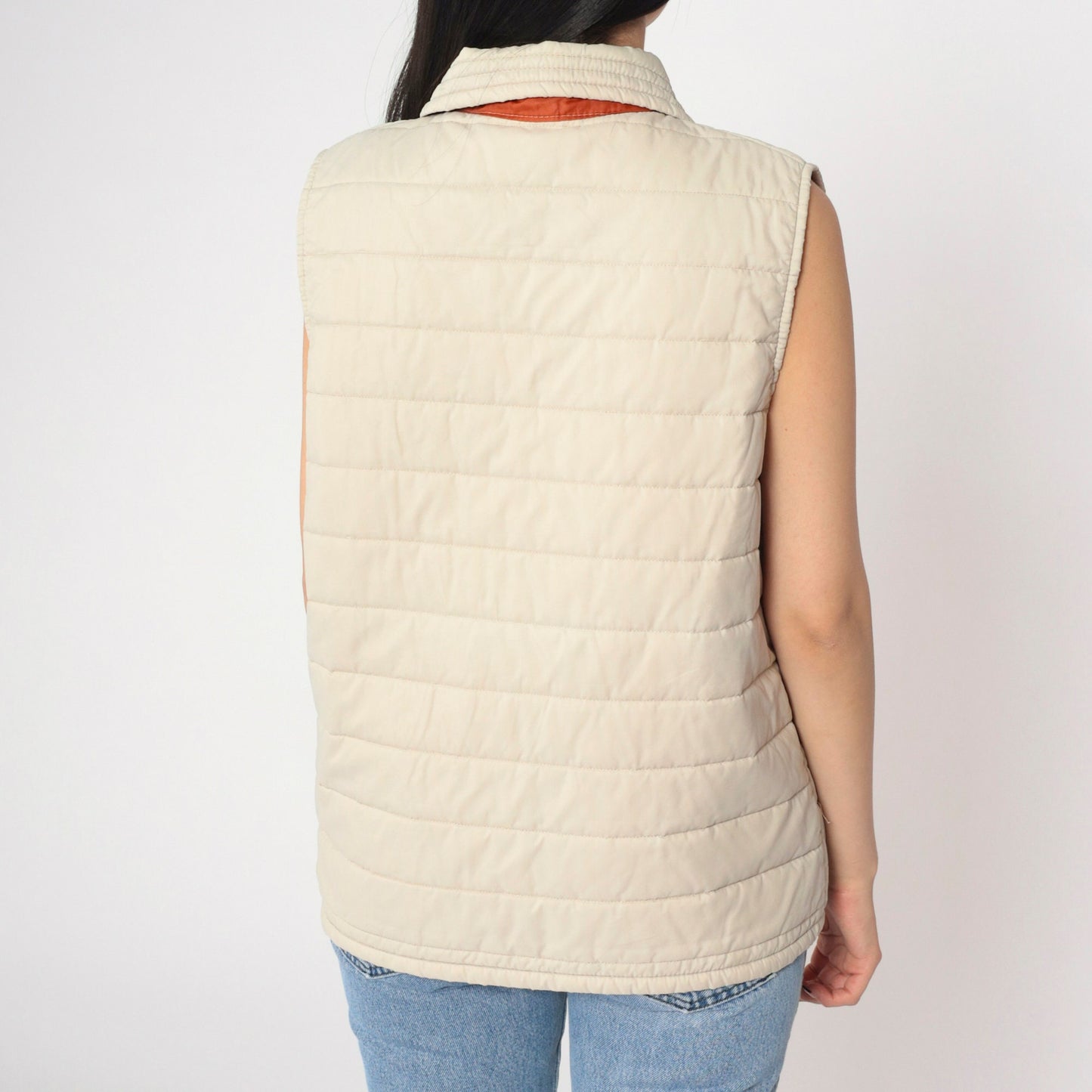 80s Beige Puffer Vest Zip-Up Sleeveless Jacket Rust Lining Medium