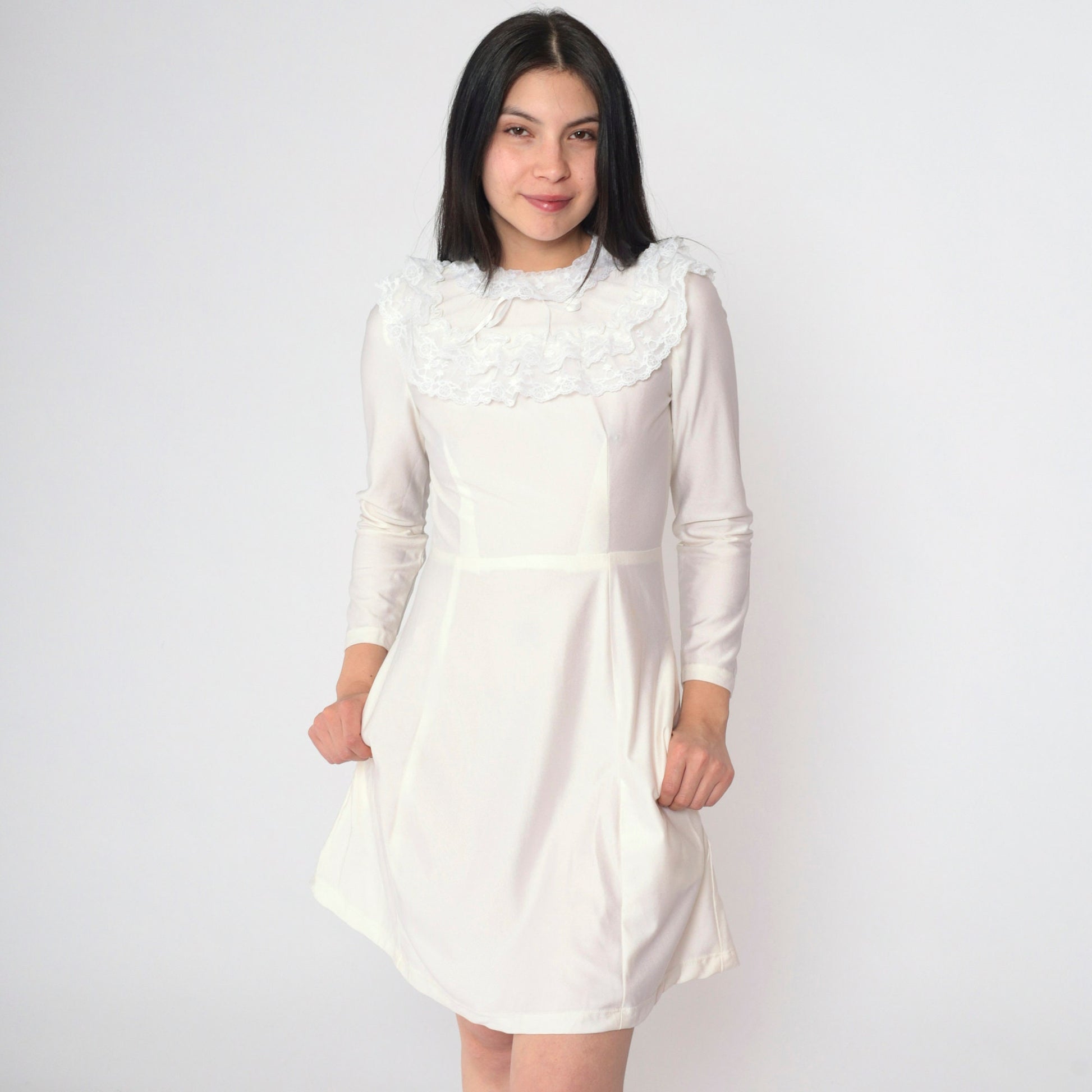 70s White Lace Dress Ruffled Collar Long Sleeve High Waist Mini Extra Small