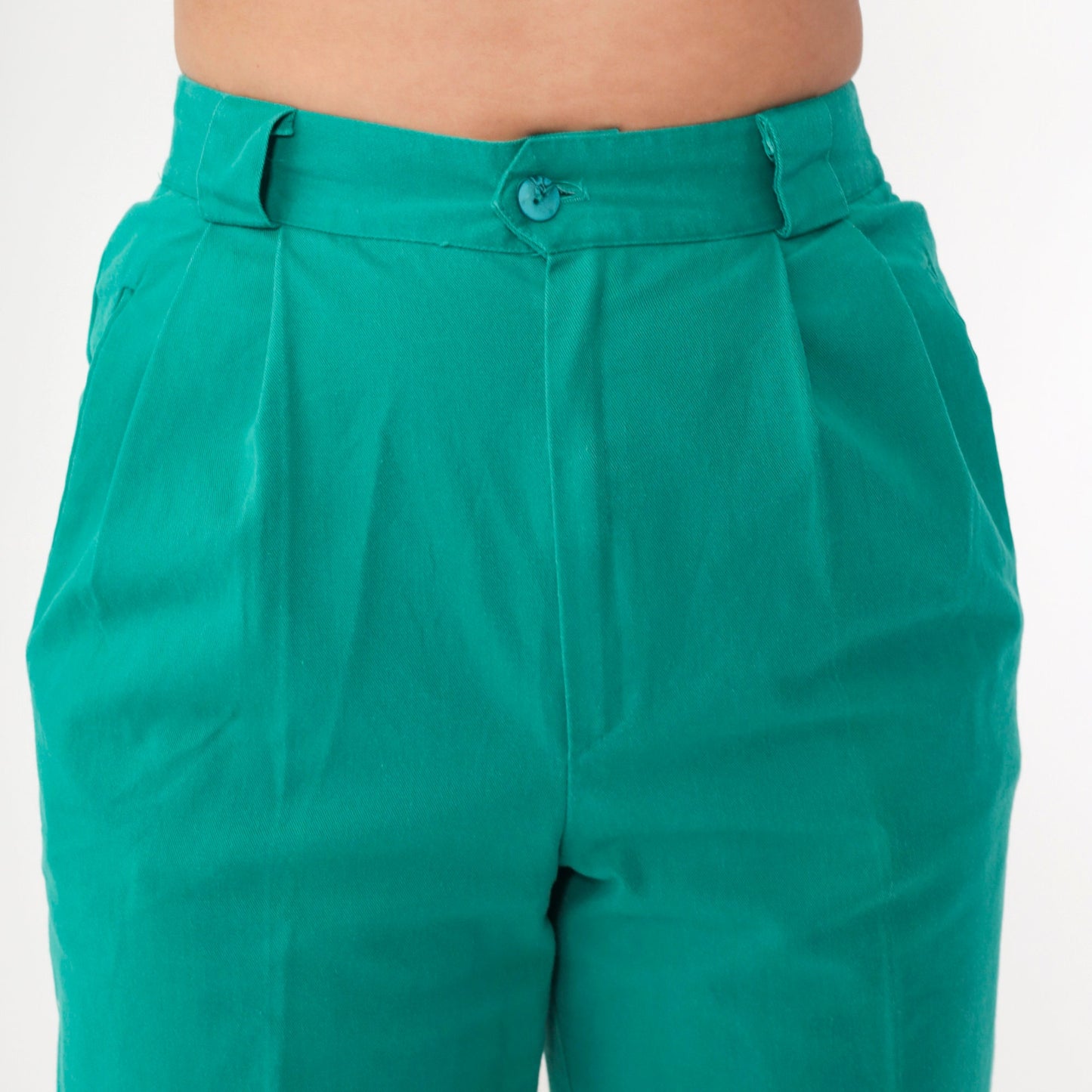 80s Green Pleated High-Rise Trousers Elastic Waist Tapered Small