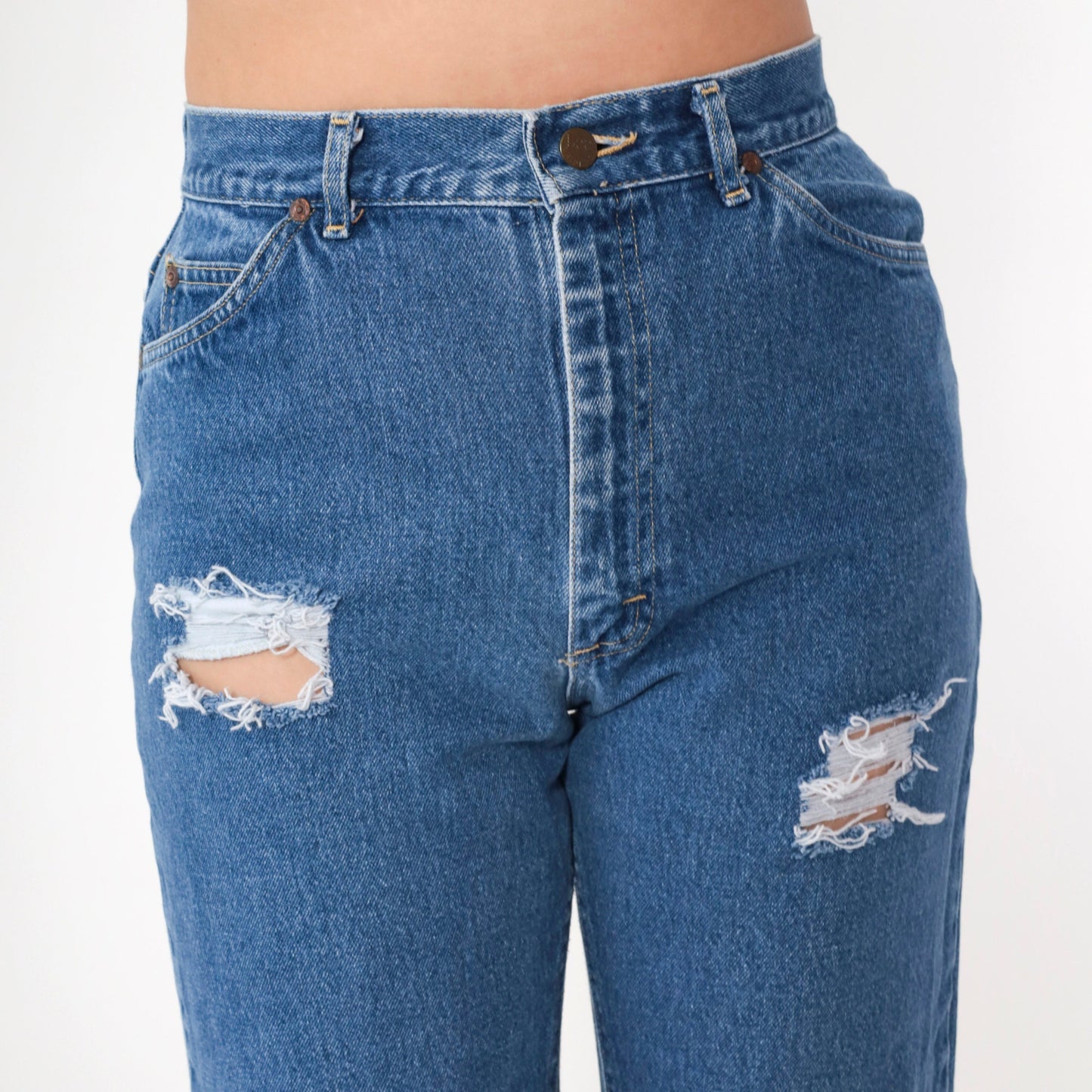 90s Lee High Rise Straight Leg Ripped Blue Denim Jeans Small 28