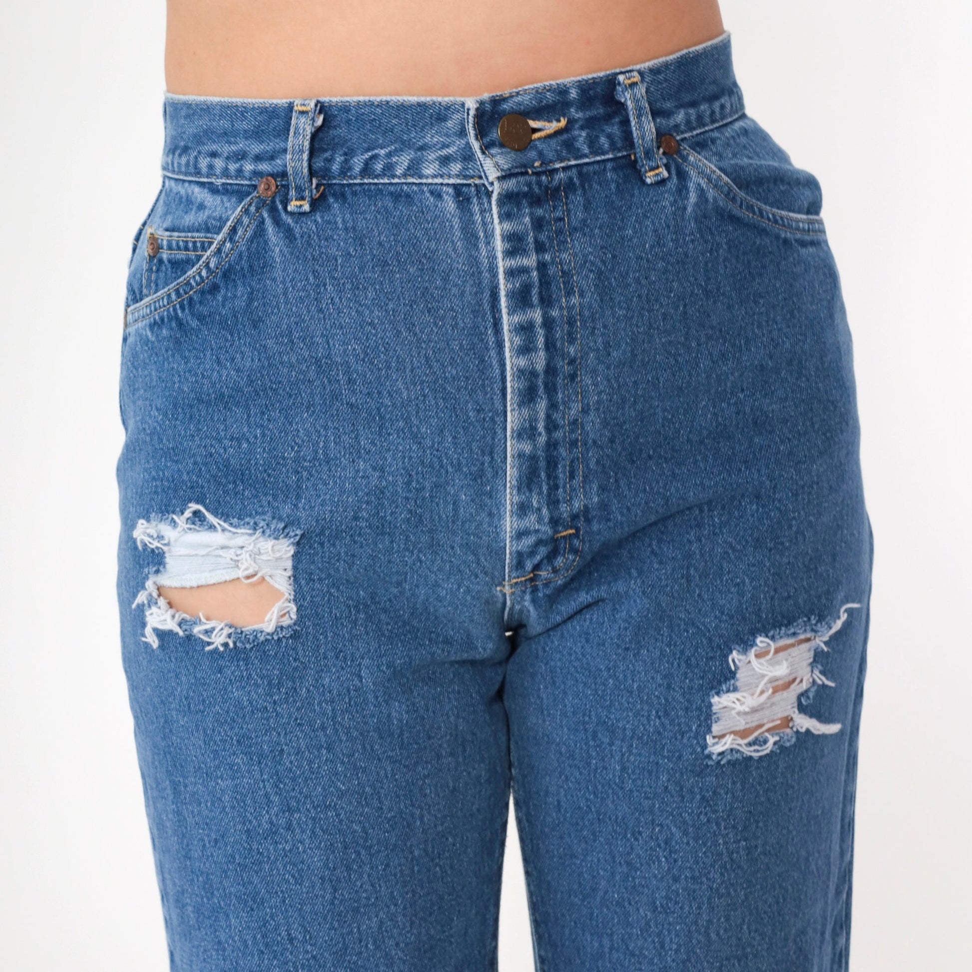 90s Lee High Rise Straight Leg Ripped Blue Denim Jeans Small 28