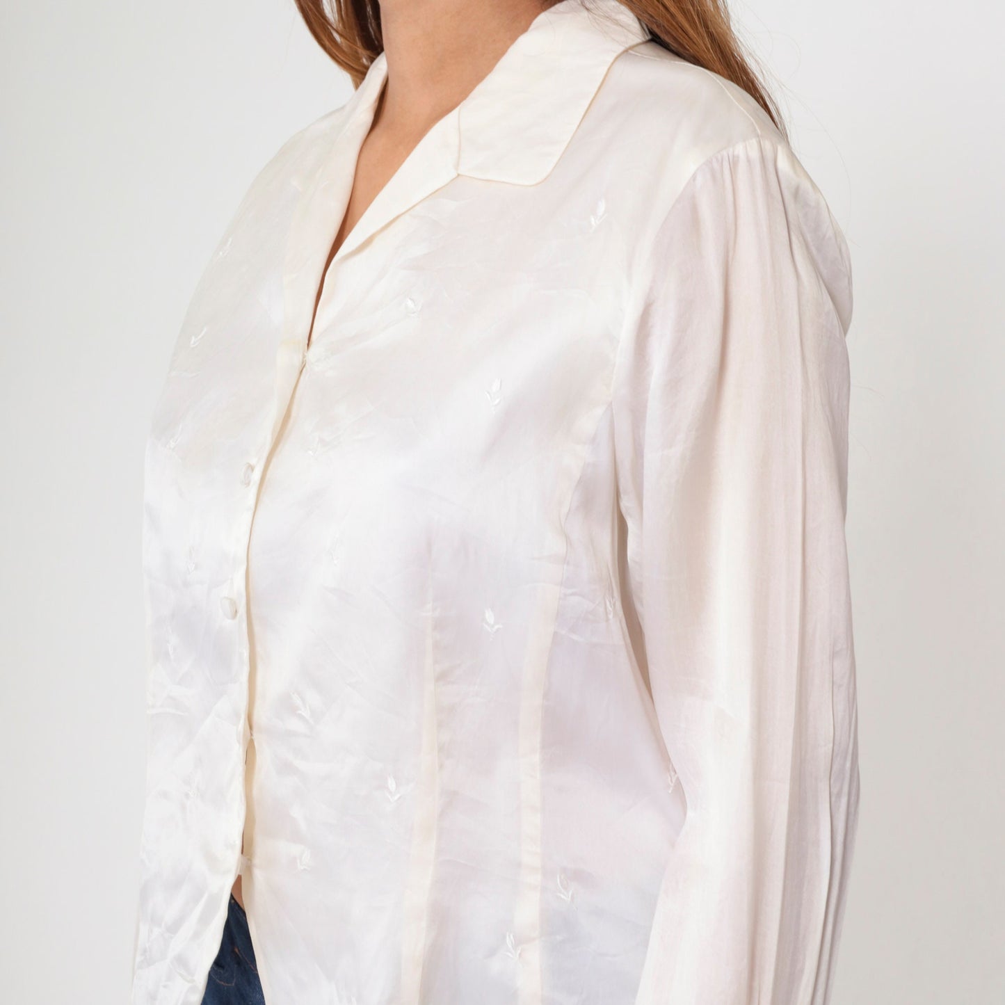90s Rena Rowan Silk Satin Blouse Floral Embroidered Button Up White Large